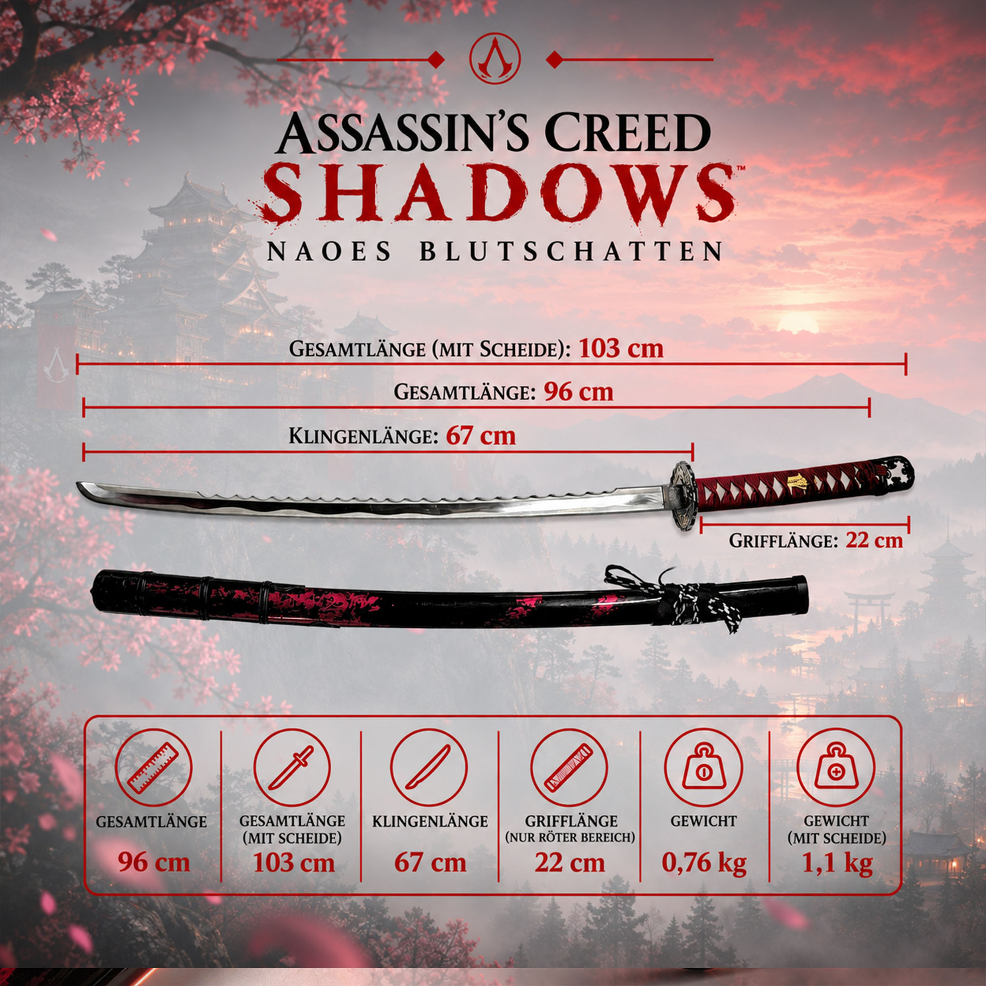 Assassins Creed Shadows Naoes Bloodshade Katana Schwert Replik Stahl 103 cm