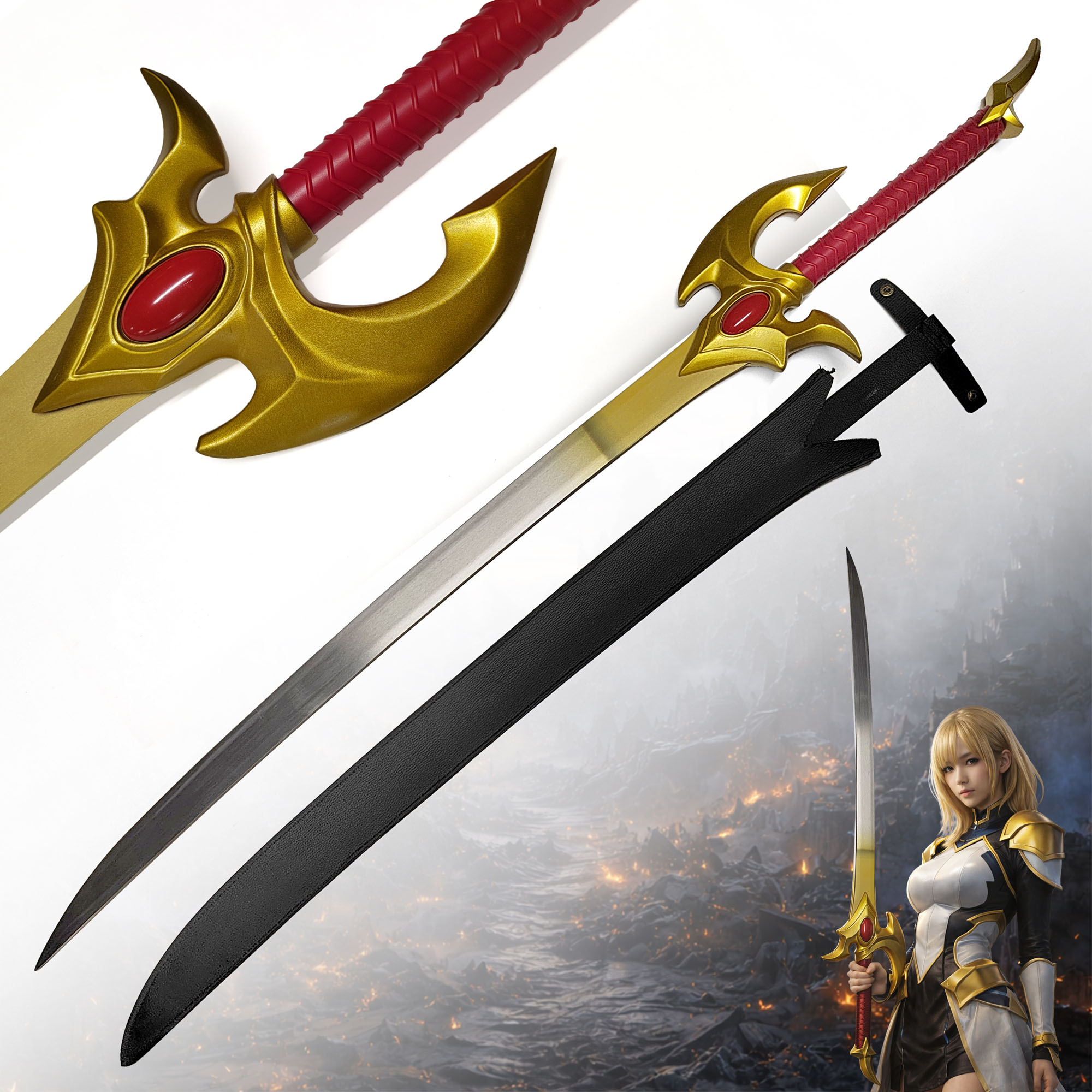 Solo Leveling Cha Hae-In Schwert Gold Edition 117,5 cm – Anime Katana Replik mit Scheide – Edelstahl Klinge Goldfinish Cosplay Deko Sammlerstück