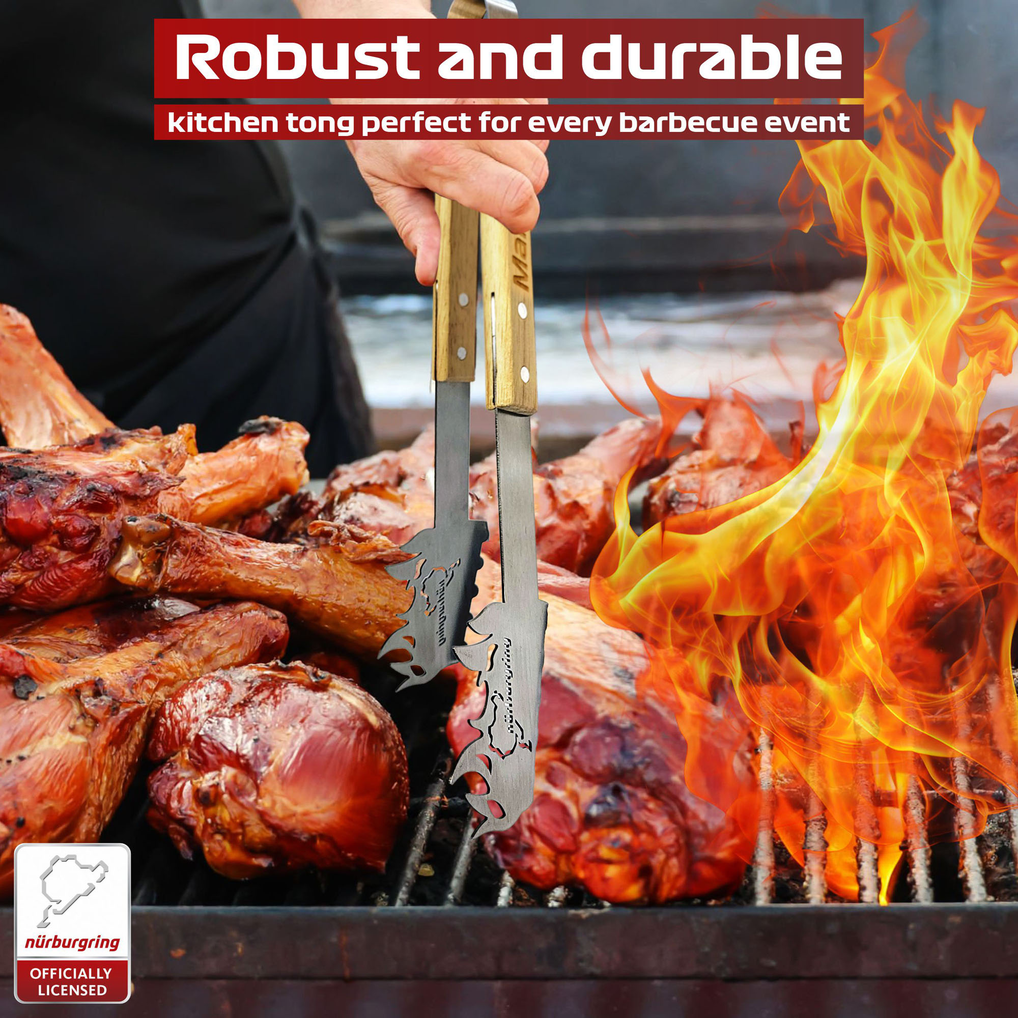 Nürburgring Grillzange mit persönlicher Gravur, BBQ Grillzange Edelstahl, Grillzange Holz, Grillzange lang, Ideal für Grillliebhaber, Robust und Langlebig, Küchenzange Perfekt für jeden Grillabend