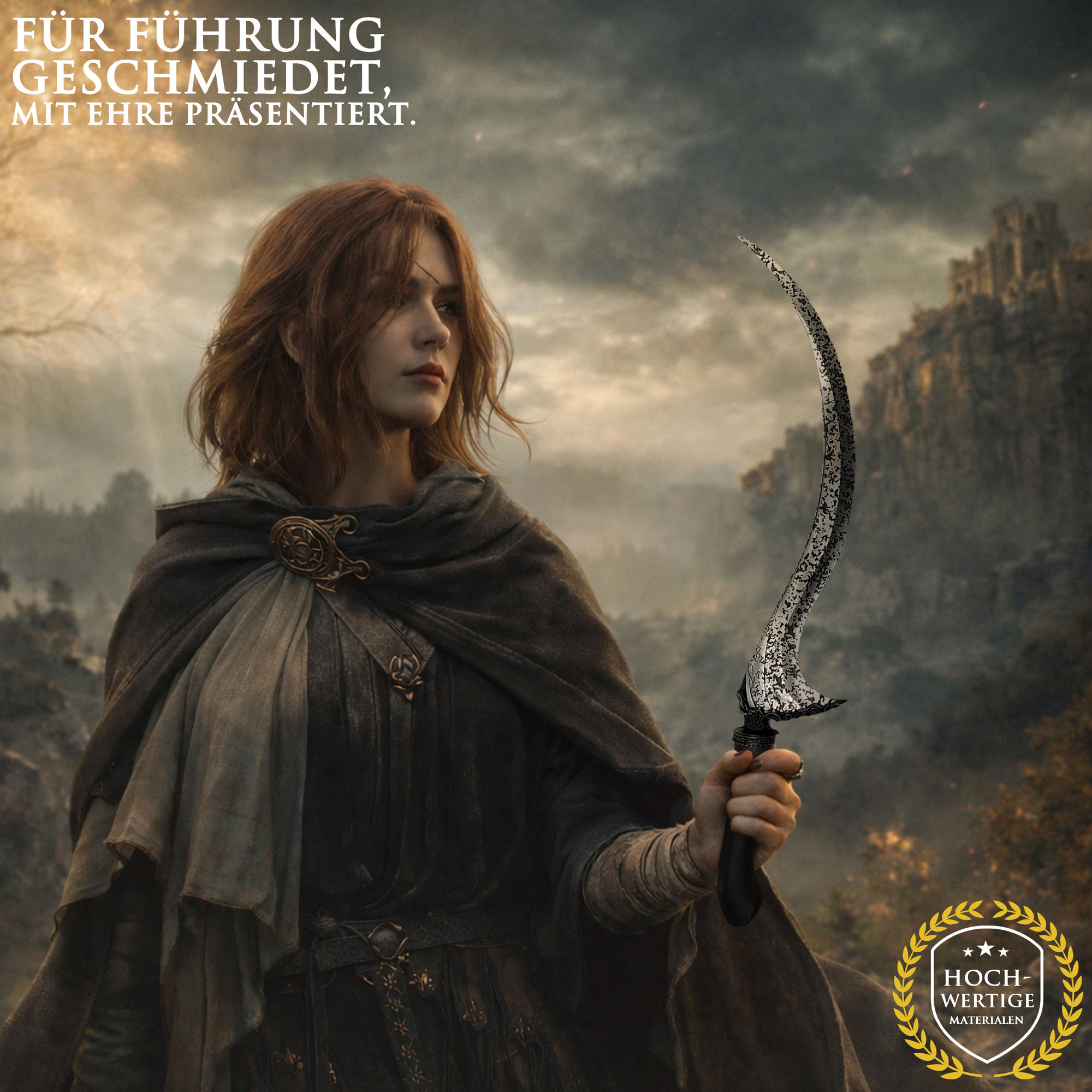 Elden Ring Melina Dolch Klinge des Rufs 55cm mit Ständer | Blade of Calling Stahl Replik mit Aluminium-Griff | Maiden Cosplay Waffe & Gaming Deko