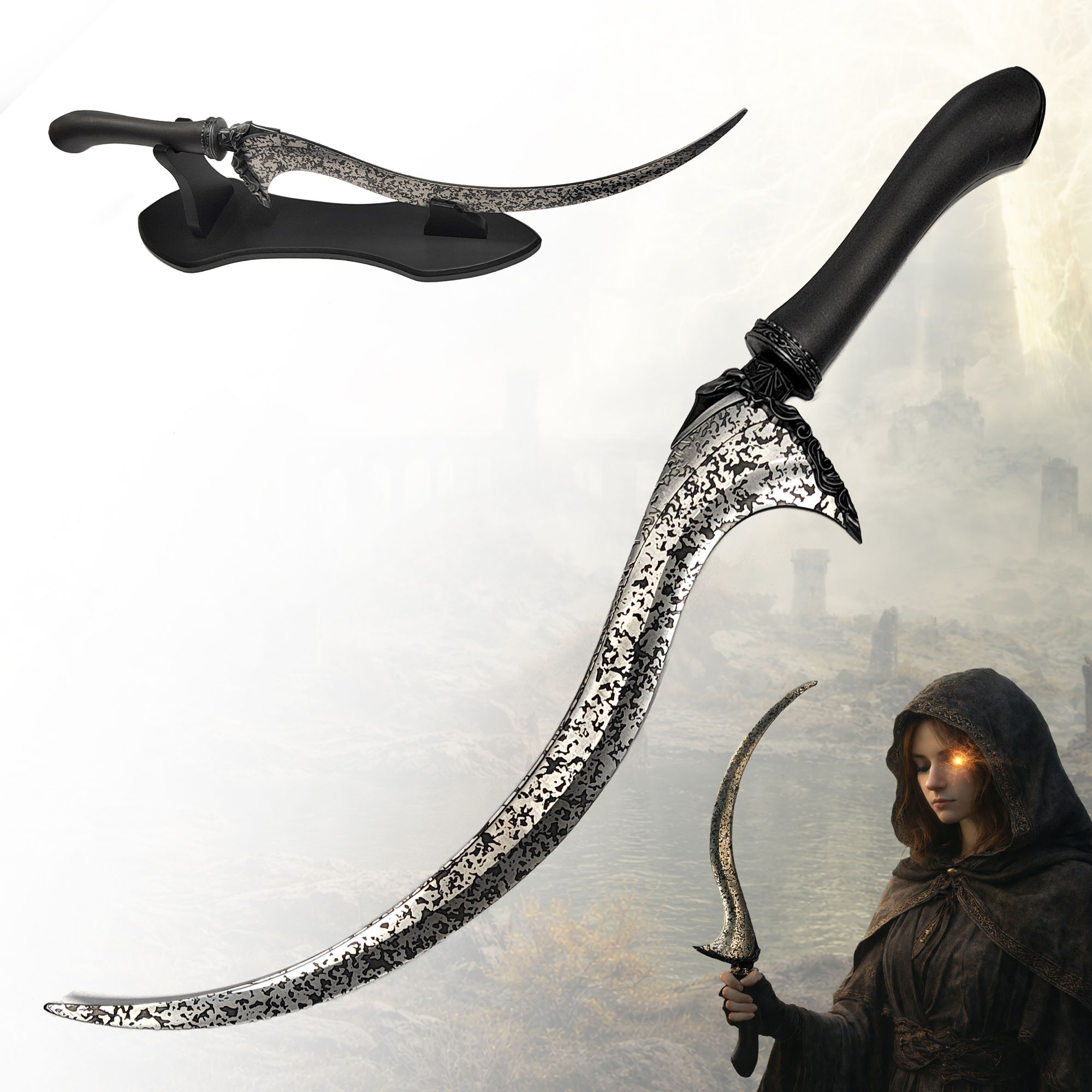 Elden Ring Melina Dolch Klinge des Rufs 55cm mit Ständer | Blade of Calling Stahl Replik mit Aluminium-Griff | Maiden Cosplay Waffe & Gaming Deko