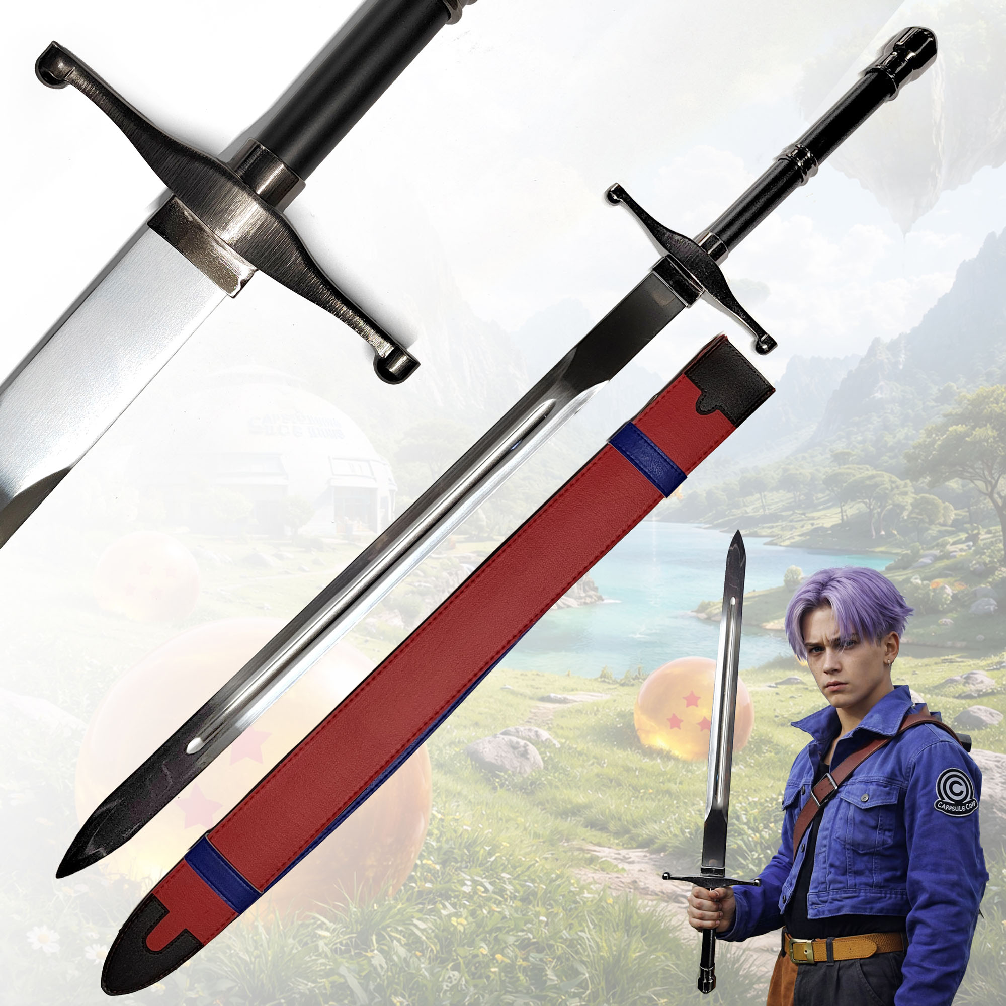 Dragon Ball Z Future Trunks Schwert 112cm | Tapions Schwert aus Stahl mit tragbarer Rückenscheide | DBZ Anime Cosplay Waffe & Gurt | Metall Replik