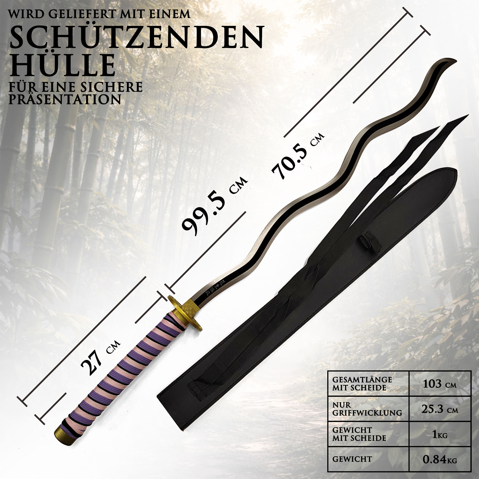 Demon Slayer Obanai Iguro Katana 103 cm mit Scheide – Nichirin Schwert Serpent Hashira – Karbonstahl Klinge Anime Replik mit Holzgriff und Metall Tsuba – Cosplay & Sammlerstück
