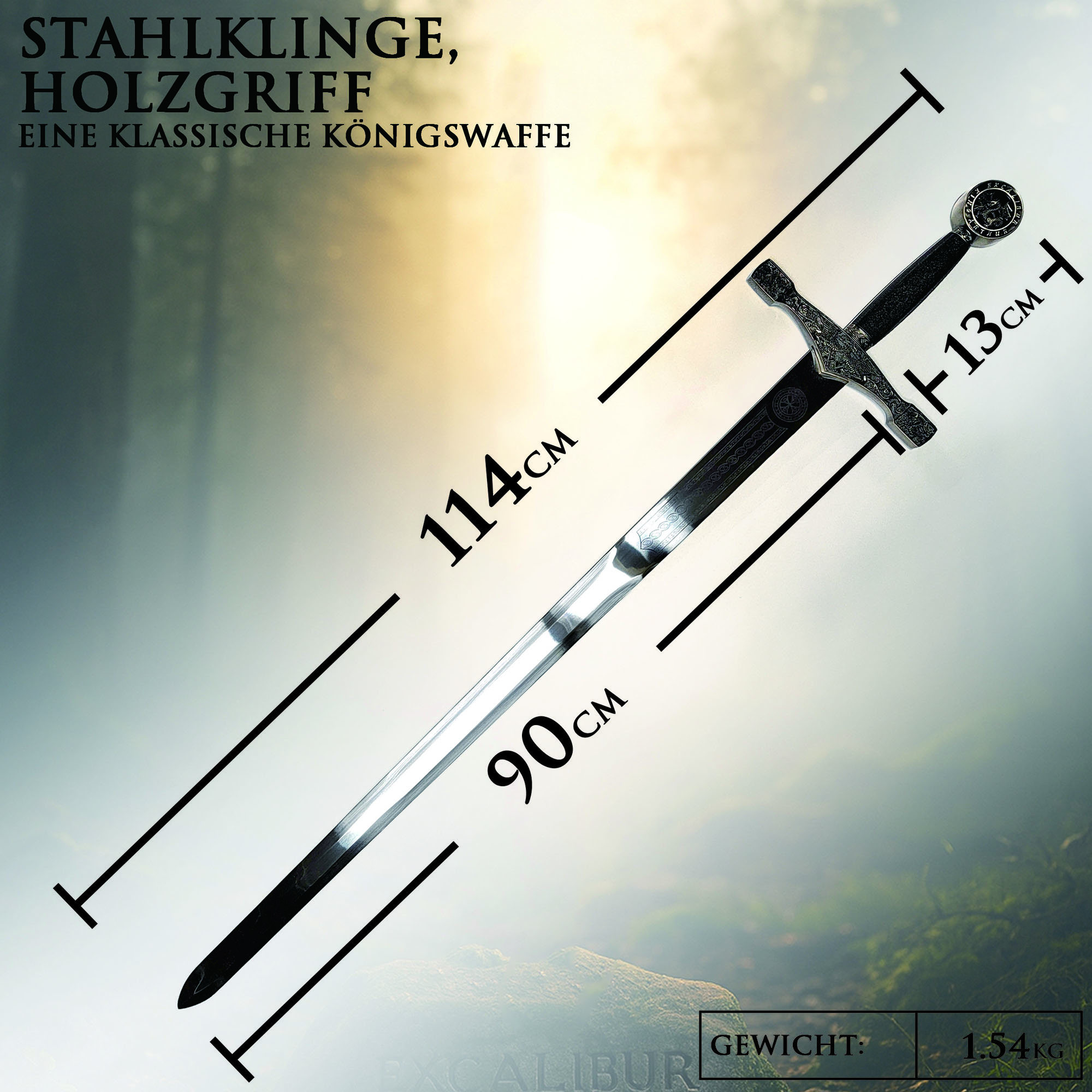 König Artus Schwert Excalibur 114cm | Massive Mittelalter Replik mit Stahlklinge & Holzgriff | Legendäres Ritter-Schwert mit Wandhalterung | Deko Sammlerstück