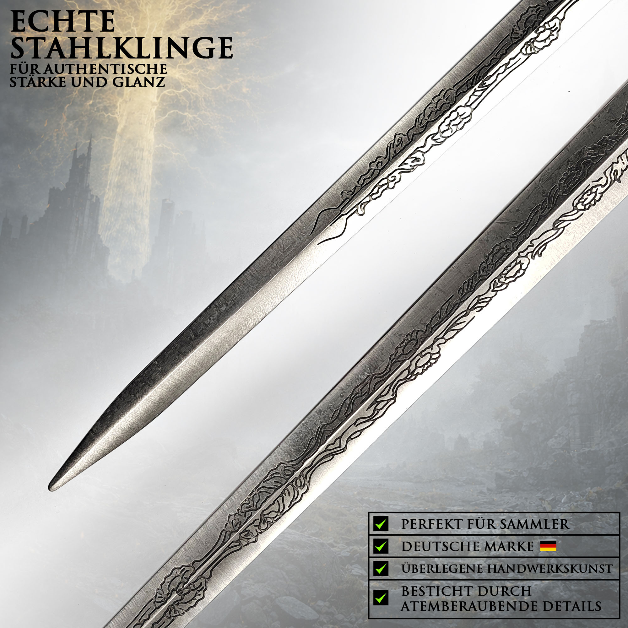 Elden Ring Rellana Zwillingsschwert 107,5cm mit Wandhalter | Shadow of the Erdtree Replik Stahl & Alu-Griff | Zwillingsmond-Ritterin Waffe & Gaming Deko