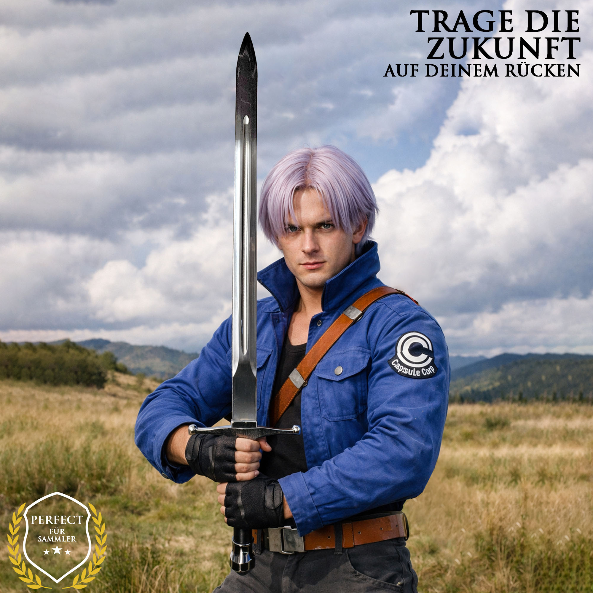 Dragon Ball Z Future Trunks Schwert 112cm | Tapions Schwert aus Stahl mit tragbarer Rückenscheide | DBZ Anime Cosplay Waffe & Gurt | Metall Replik