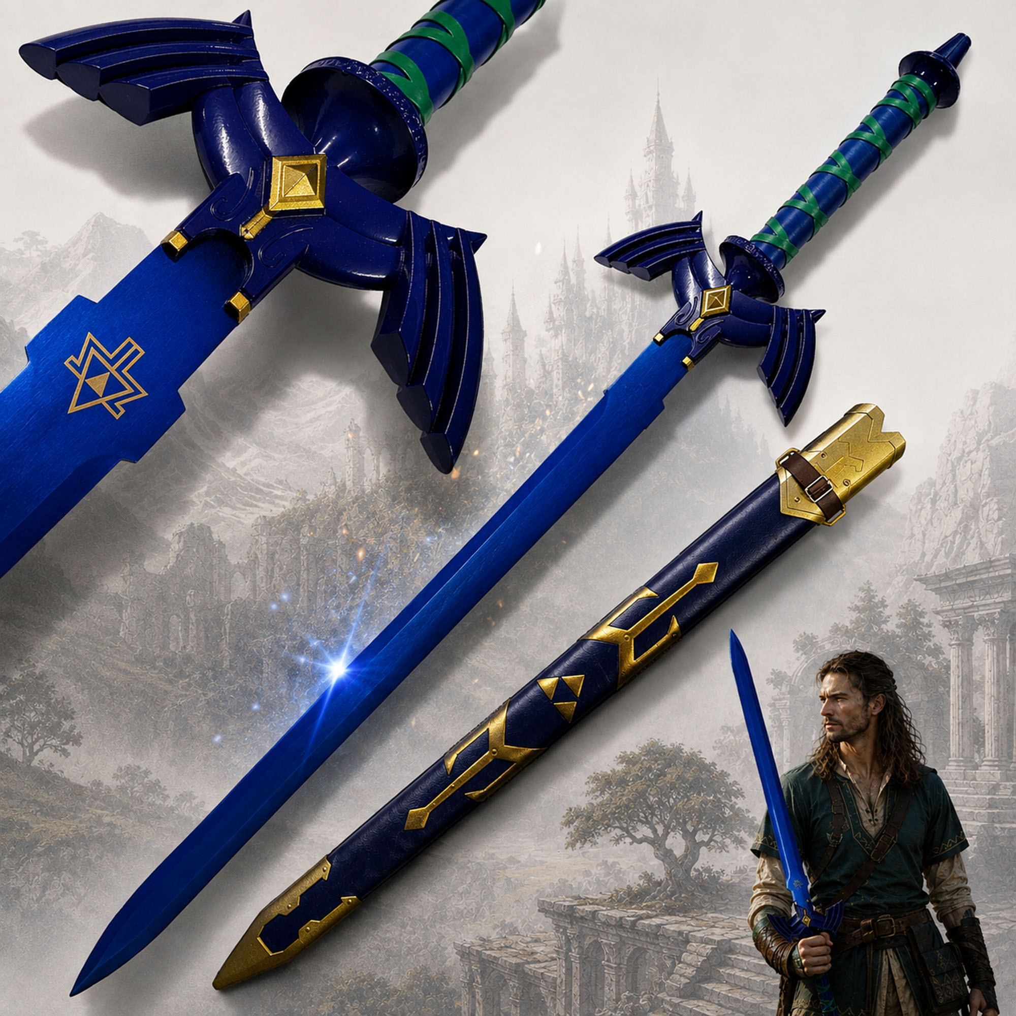 Zelda Master-Schwert Link: Blaue Stahlklinge Replik inkl. Holzscheide 108cm