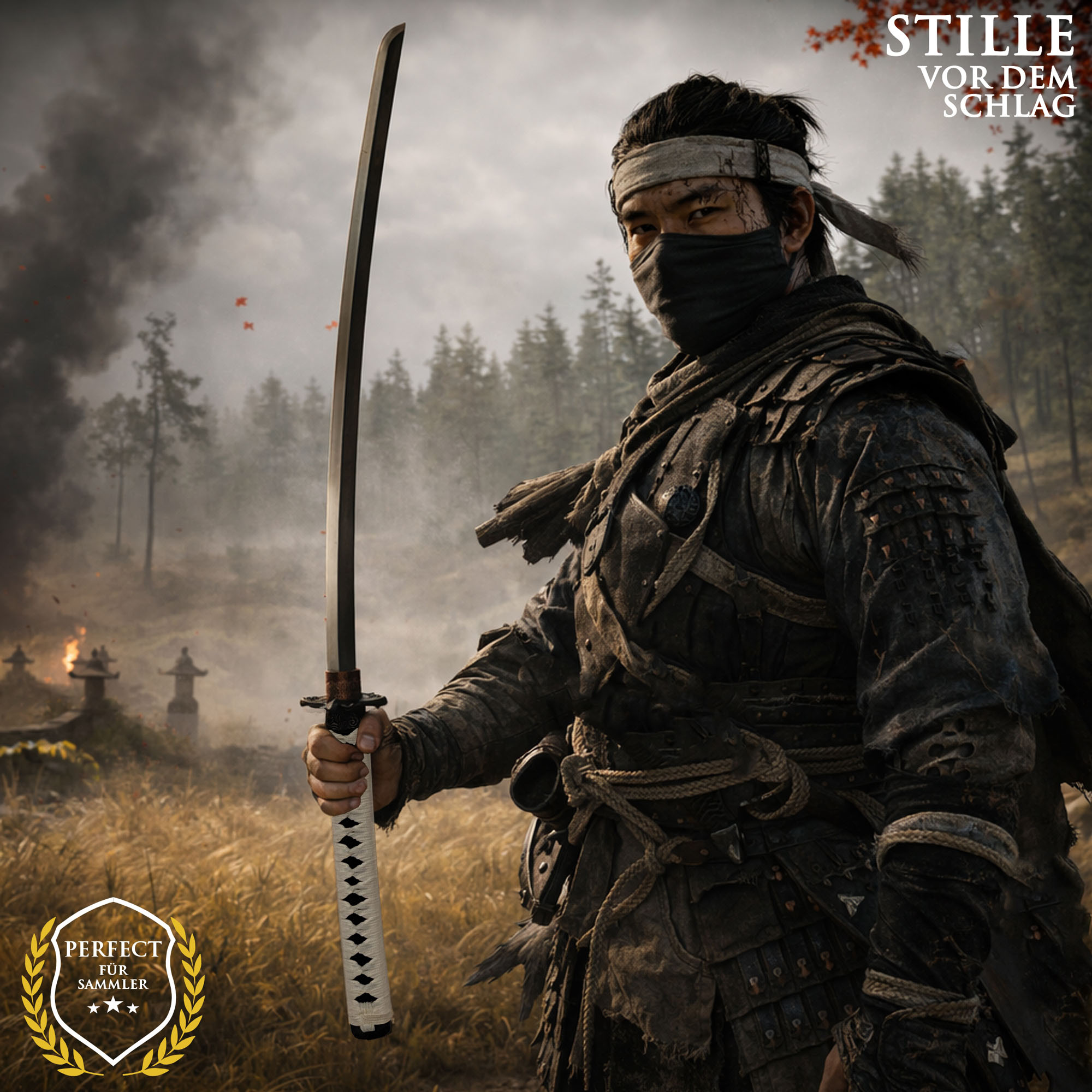 Ghost of Tsushima Jin Sakai Katana mit Scheide und Ständer – Samurai Schwert Replik 103 cm – Carbonstahl Klinge – Deko Katana aus dem Action Adventure
