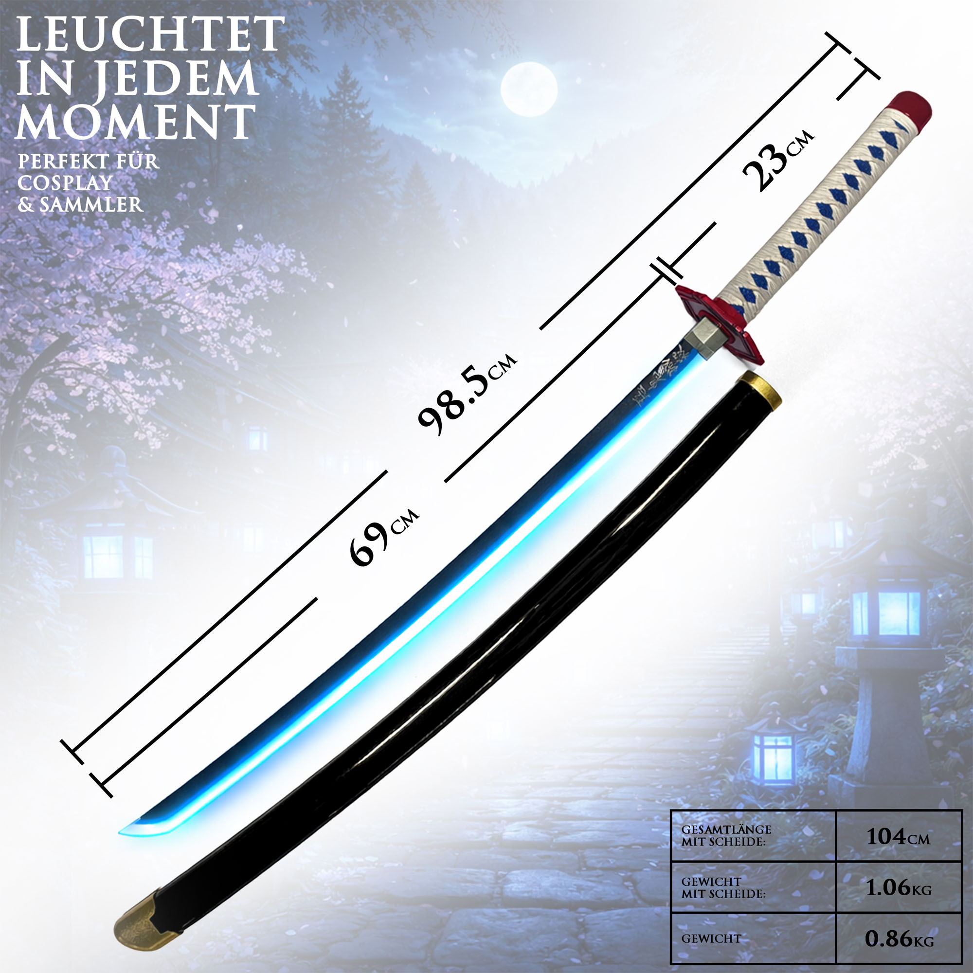 Demon Slayer Giyuu Tomioka Nichirin Katana 104 cm mit LED Klinge – Anime Schwert Replik mit Scheide & Ständer – 1045 Carbonstahl Cosplay Sammlerstück
