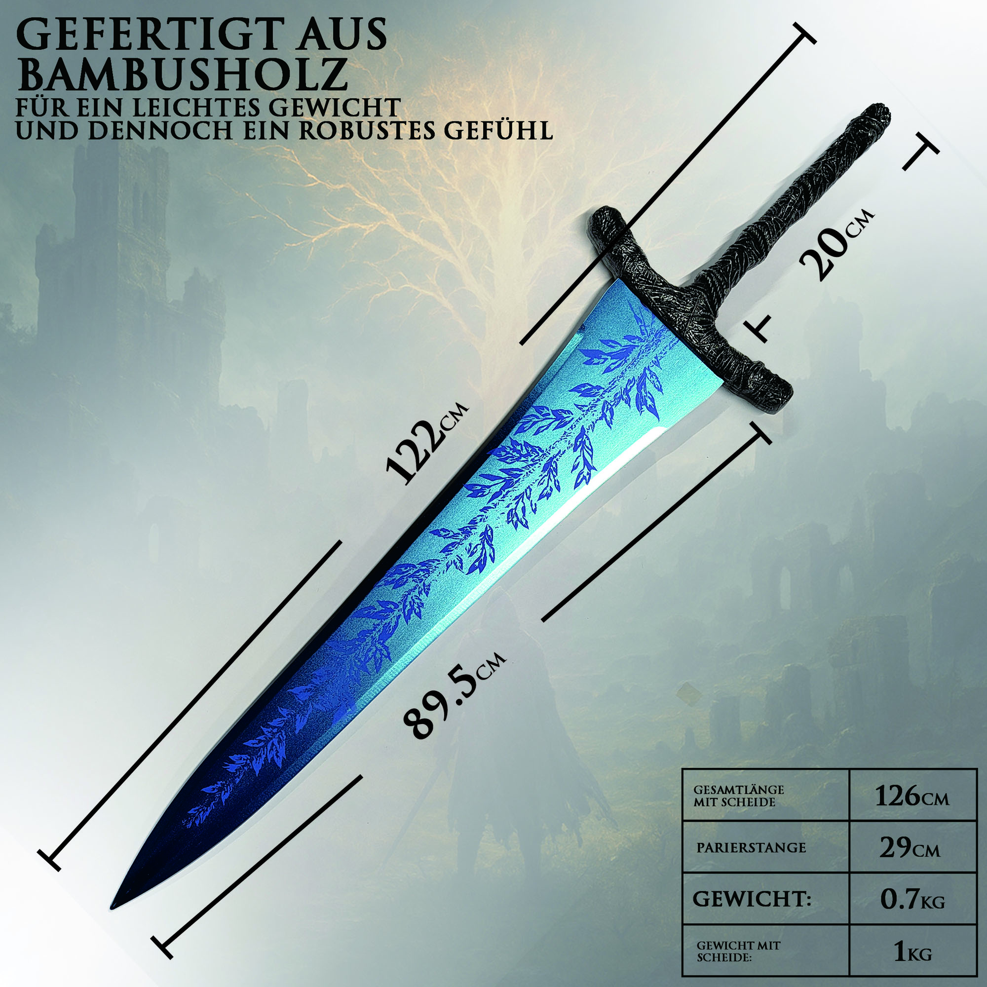 Elden Ring Dark Moon Großschwert Holz mit Scheide 126cm | Rannis Dunkelmond Replik aus Bambus | Leichtes Cosplay Schwert & Deko Waffe | Con-Safe Kostümzubehör