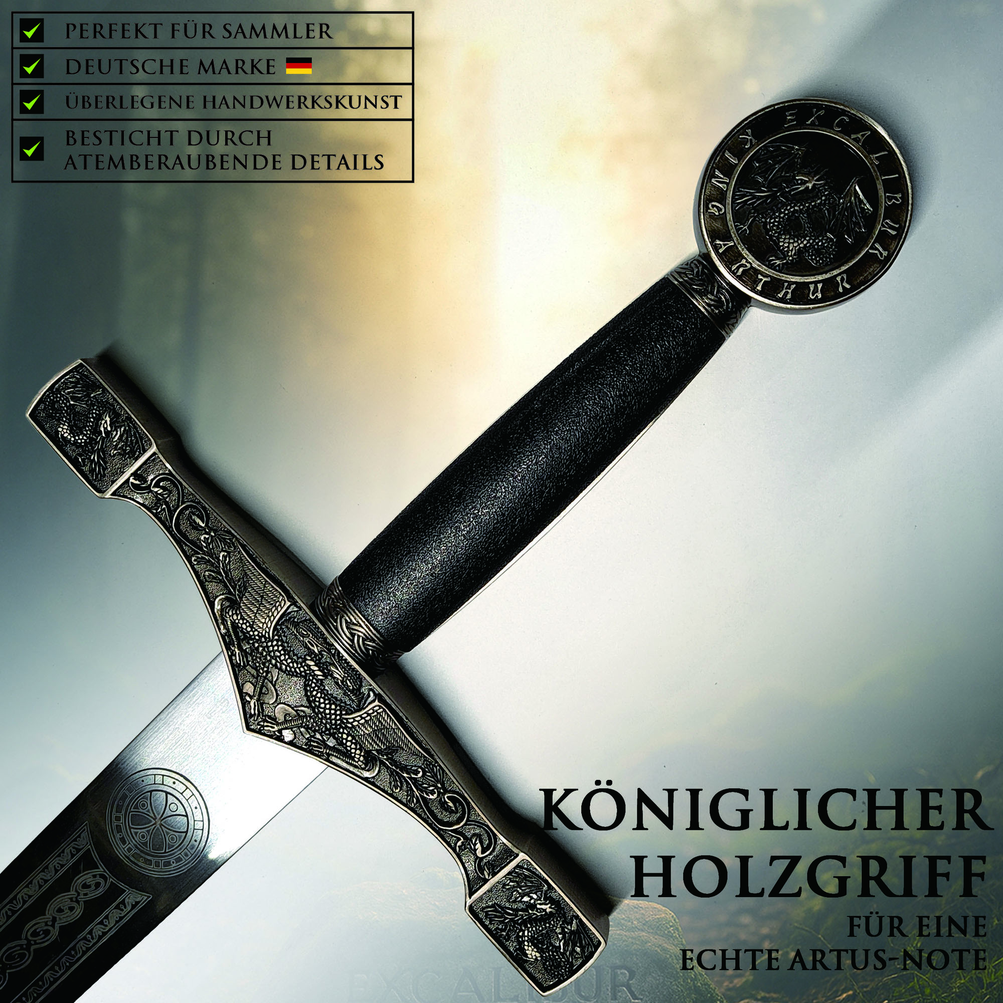 König Artus Schwert Excalibur 114cm | Massive Mittelalter Replik mit Stahlklinge & Holzgriff | Legendäres Ritter-Schwert mit Wandhalterung | Deko Sammlerstück