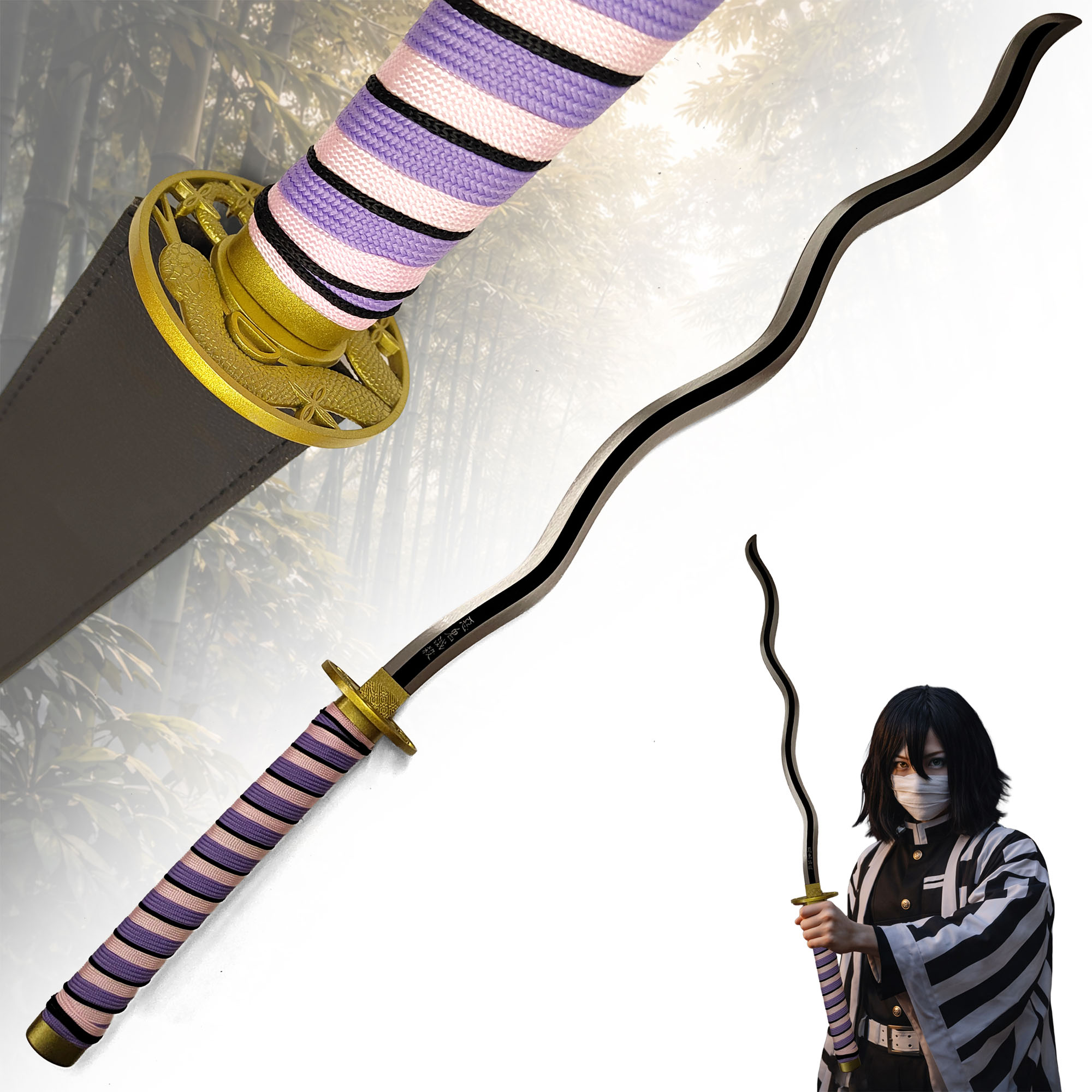 Demon Slayer Obanai Iguro Katana 103 cm mit Scheide – Nichirin Schwert Serpent Hashira – Karbonstahl Klinge Anime Replik mit Holzgriff und Metall Tsuba – Cosplay & Sammlerstück