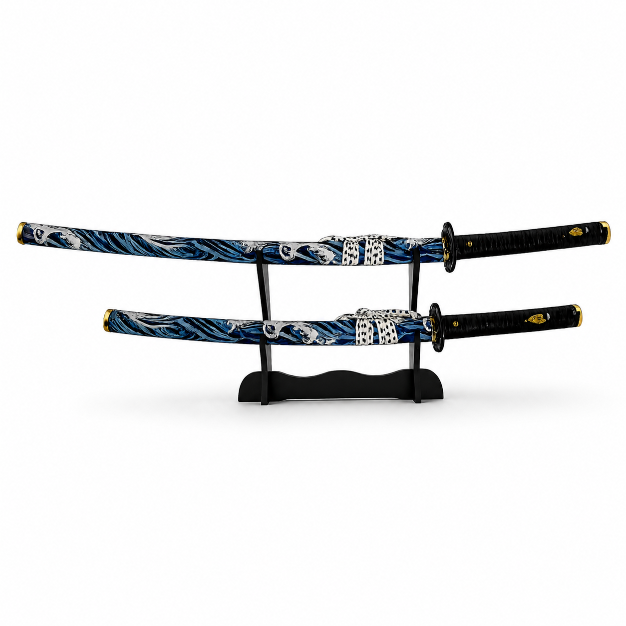 Ghost of Yōtei Daisho Schwert-Set The Wolf's Daisho | Katana & Wakizashi aus 1045 Karbonstahl | Samurai Dual-Wielding Schwerter | Inkl. Doppelständer & Holz-Scheiden