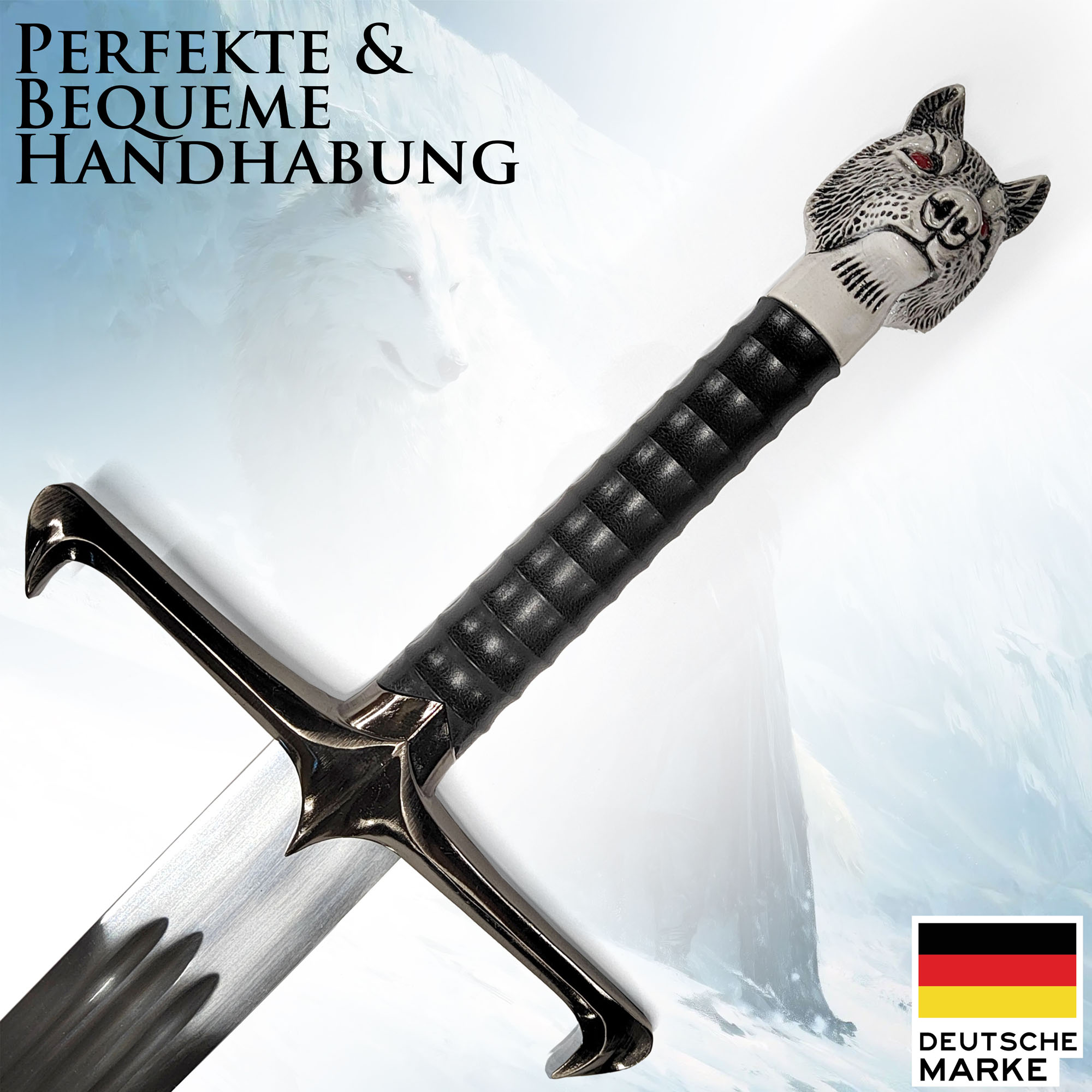 Game of Thrones Schwert Langklaue von Jon Schnee | Longclaw Replik 105cm | Deko Waffe mit Wolfsknauf & Wandhalterung | GoT Sammlerschwert