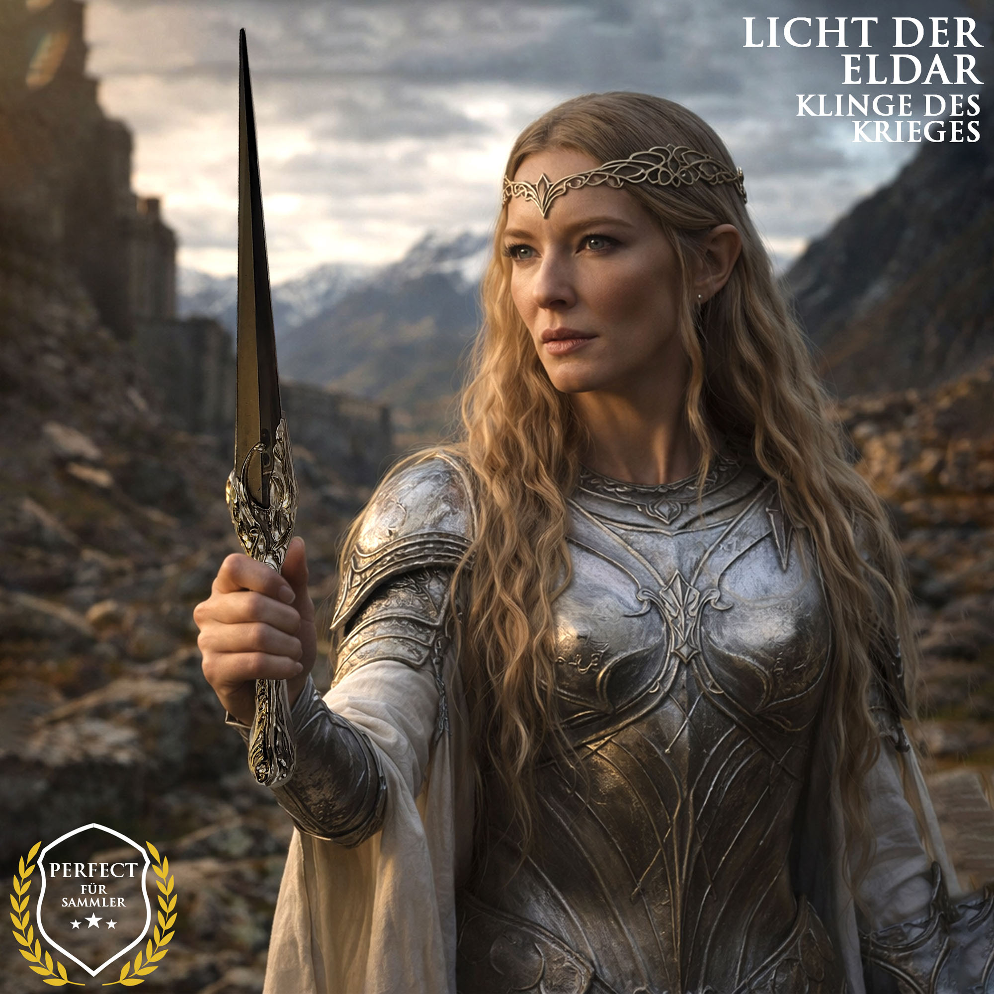 Herr der Ringe: Die Ringe der Macht Galadriel Dolch mit Scheide 48cm | Elben Replik aus Stahl | The Rings of Power Cosplay Waffe & Sammlerstück