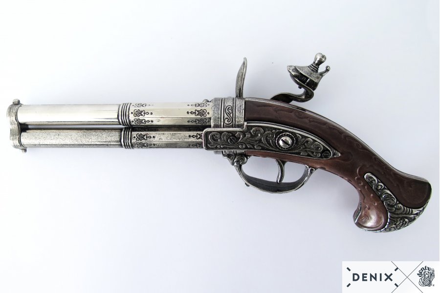 Doppellauf Steinschlosspistole Fr. 18. Jhdt. Metall, Kunststoff