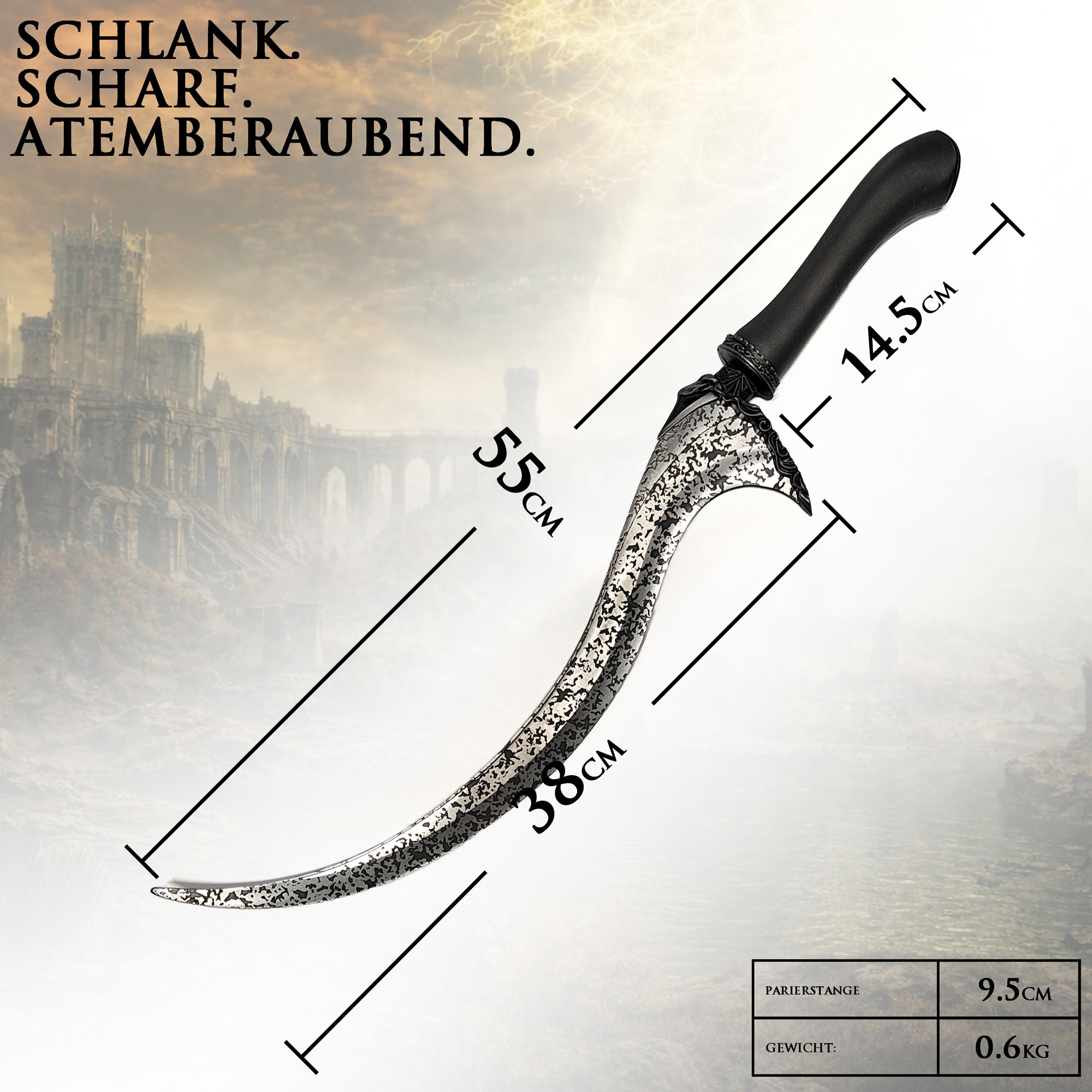 Elden Ring Melina Dolch Klinge des Rufs 55cm mit Ständer | Blade of Calling Stahl Replik mit Aluminium-Griff | Maiden Cosplay Waffe & Gaming Deko