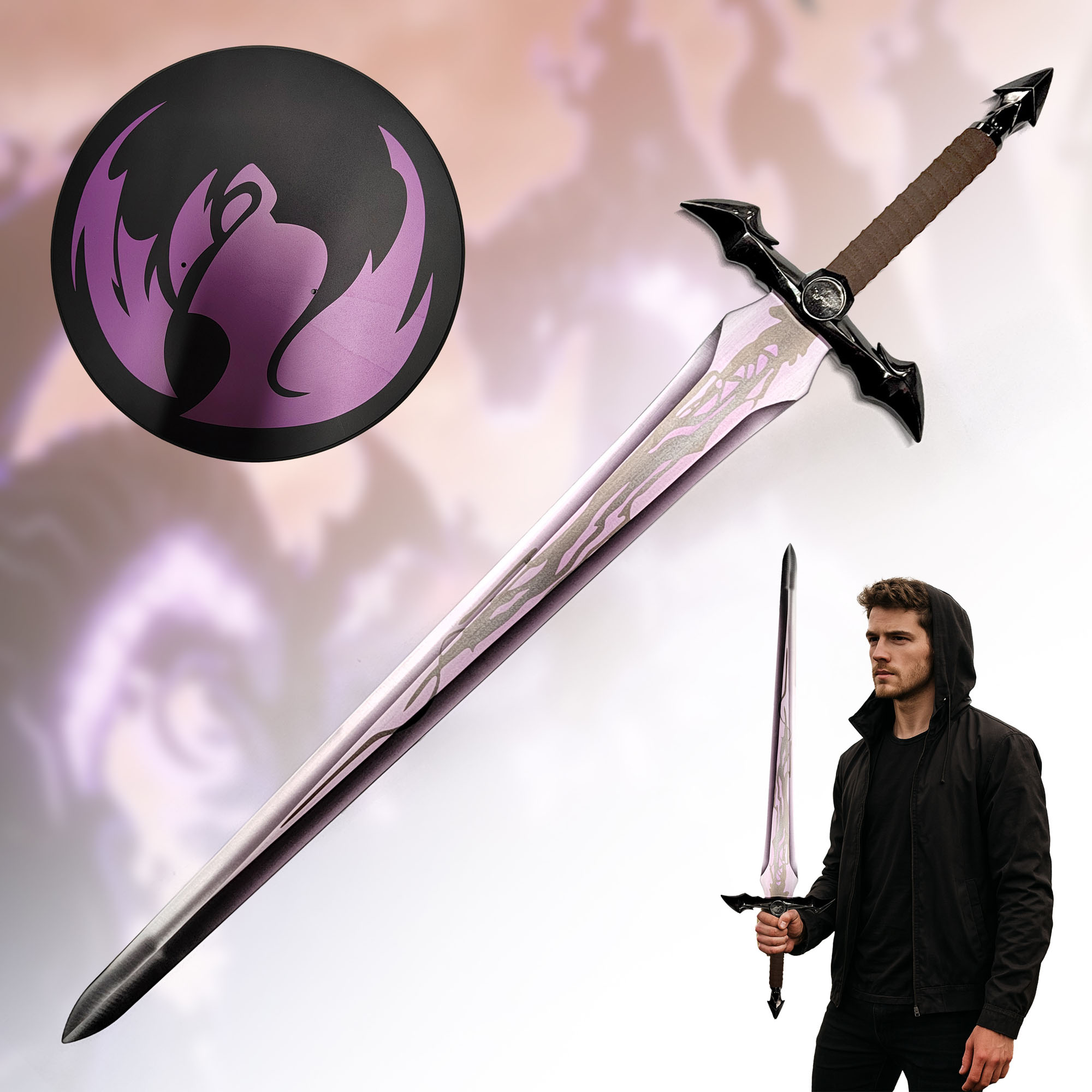 Solo Leveling Dämonenkönig Langschwert von Sung Jinwoo | Black Heart Version 108cm | Lila schimmernde Stahlklinge | Massive Anime Replik mit Wandhalterung | Schattenmonarch Deko Waffe