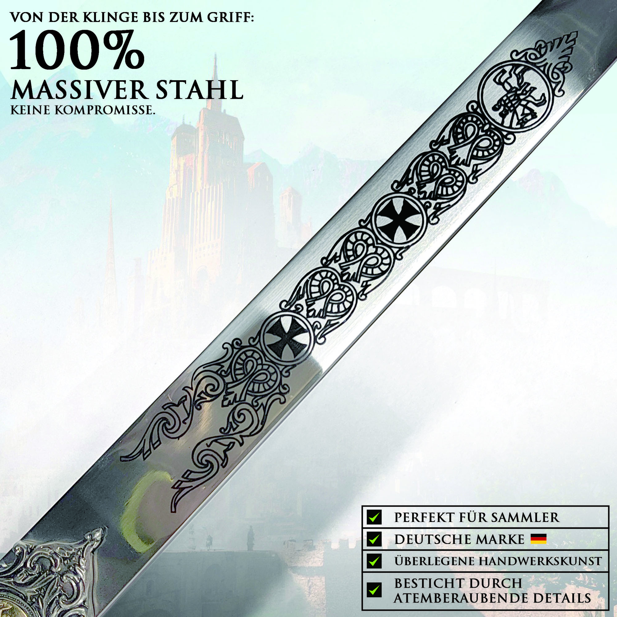 Tempelritter Schwert 118cm | Massives Vollstahl Kreuzritter Schwert (2,1 kg) | Mittelalter Deko Waffe mit Wandhalterung | Knights Templar Replik