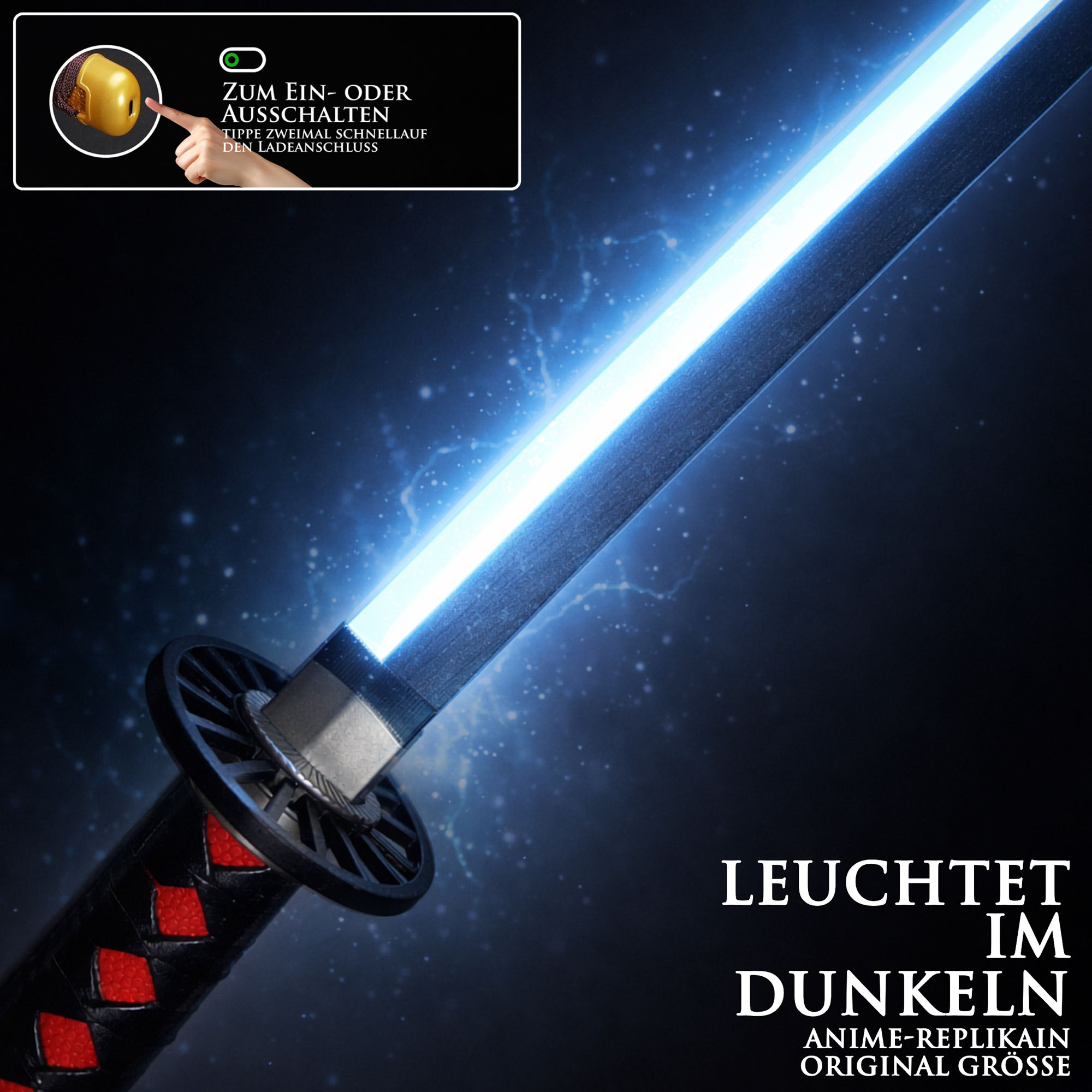 Demon Slayer Tanjirou Kamado Nichirin Katana 104 cm mit LED Klinge – Anime Schwert Replik mit Scheide & Ständer – 1045 Carbonstahl Cosplay Sammlerstück