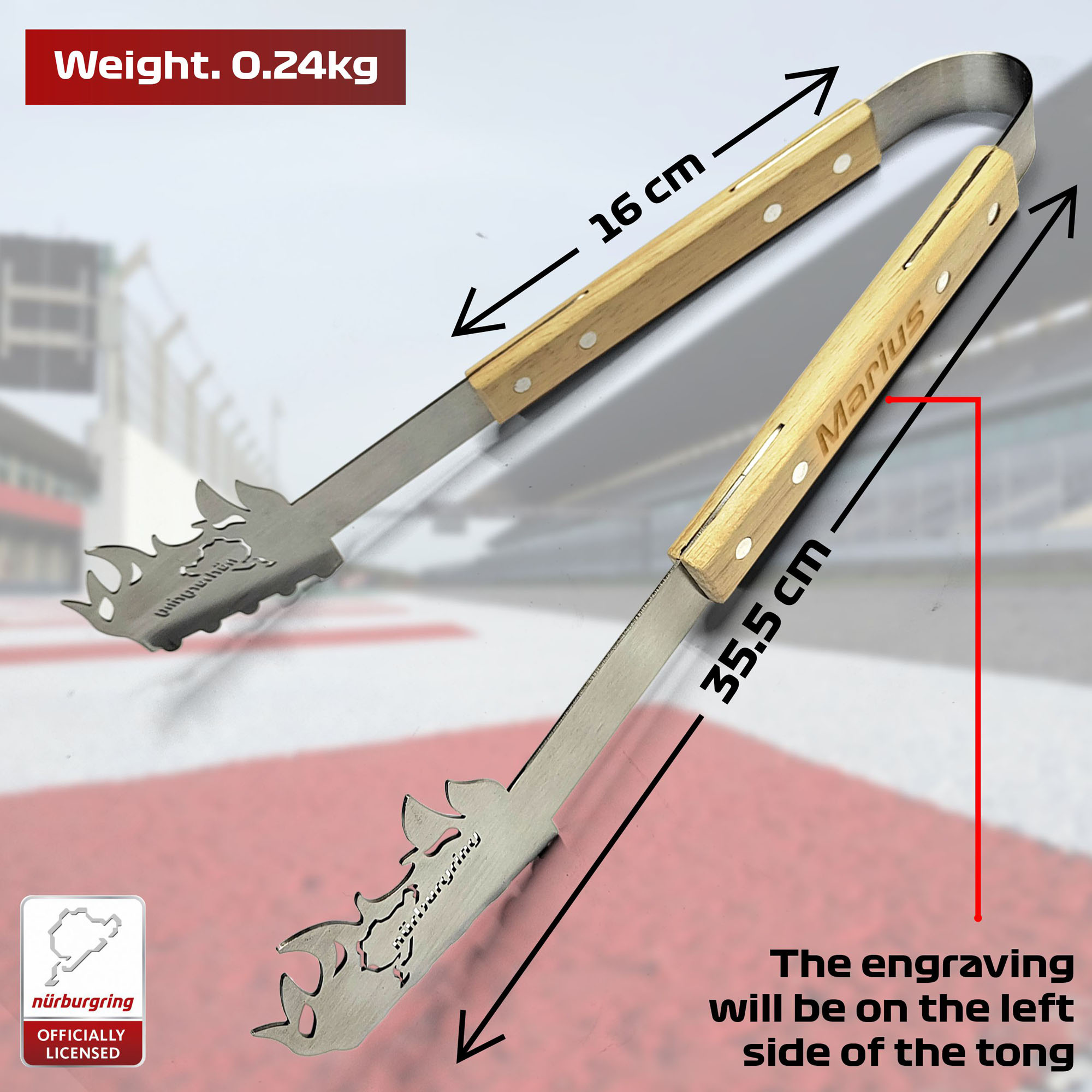 Nürburgring Grillzange mit persönlicher Gravur, BBQ Grillzange Edelstahl, Grillzange Holz, Grillzange lang, Ideal für Grillliebhaber, Robust und Langlebig, Küchenzange Perfekt für jeden Grillabend