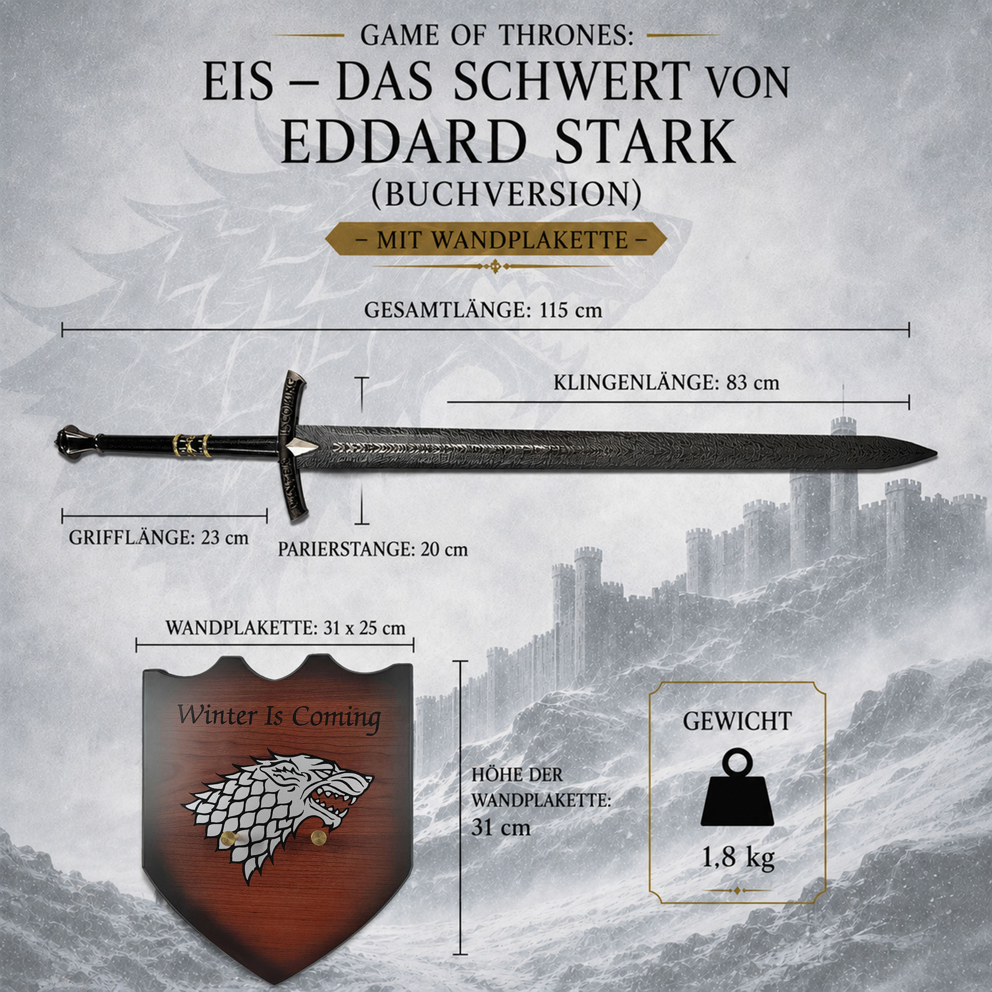 Eis Schwert von Eddard Stark: Das Lied von Eis und Feuer Replik & Halterung