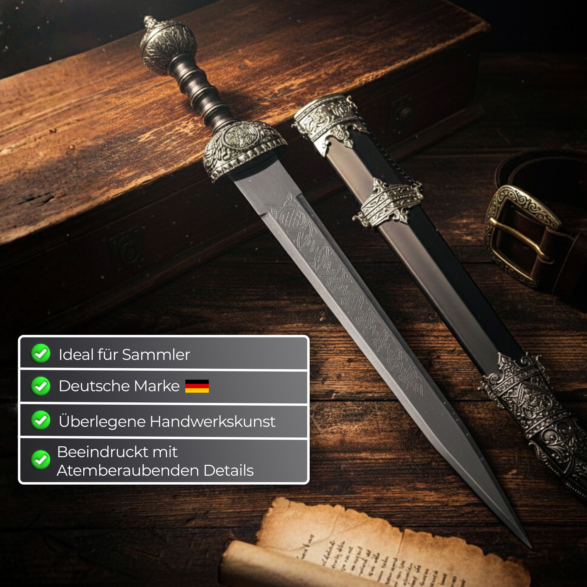 Römisches Gladius Schwert 76cm | Massives Kurzschwert der Römischen Legion (1,2kg Stahlklinge) | Historische Militaria Replik mit Holzscheide & Metallbeschlägen