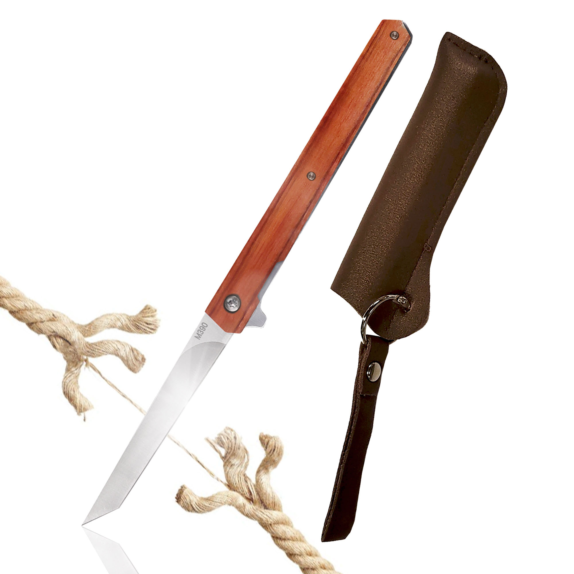 Outdoor Klappmesser Liner Lock, Tanto Point Klinge, brauner Holzgriff mit brauner Lederscheide