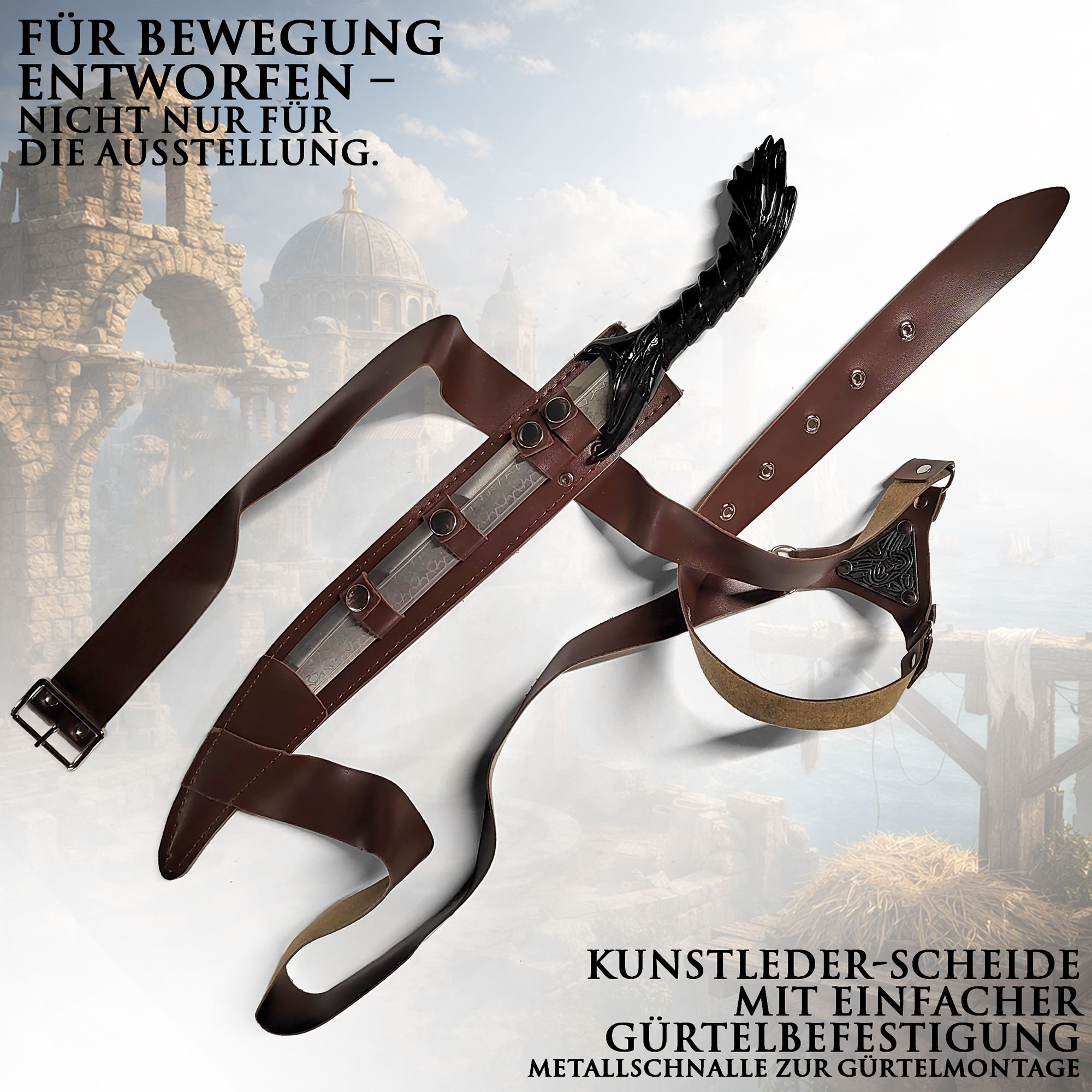 Assassin's Creed Kurzschwert Dolch 53cm | Altair & Ezio Replik aus Stahl mit Gürtelscheide | Tragbare Cosplay Waffe & Gaming Sammlerstück | AC Bruderschaft