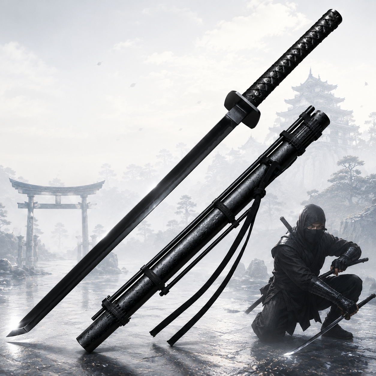 Schwarzes Ninjato Schwert 104,5 cm Handgeschmiedet | Scharfes Ninja Katana aus echtem Carbonstahl (55 HRC) | Inkl. Blasrohr mit Pfeilen & Stoffhülle | Echtes Sammlerschwert