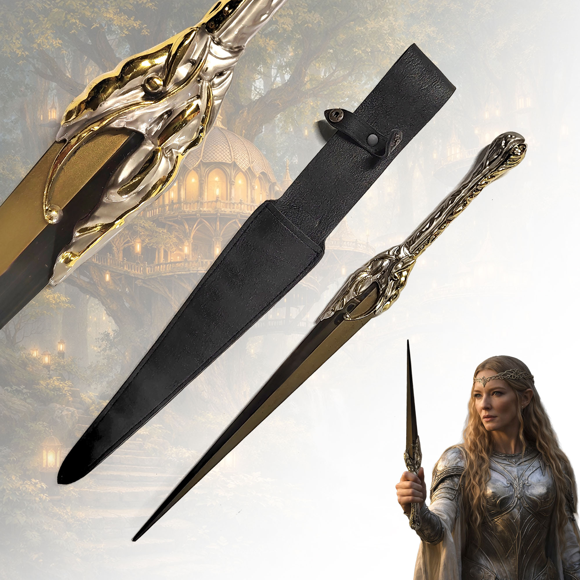 Herr der Ringe: Die Ringe der Macht Galadriel Dolch mit Scheide 48cm | Elben Replik aus Stahl | The Rings of Power Cosplay Waffe & Sammlerstück