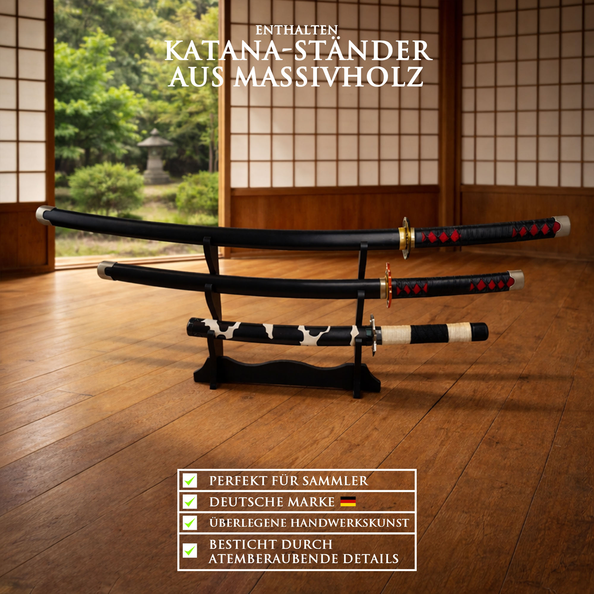 Demon Slayer Schwerter Set 3-teilig mit Ständer – Katana Wakizashi Tanto Replik Set – Anime Schwerter aus Stahl mit Holzständer Cosplay & Sammlerstück