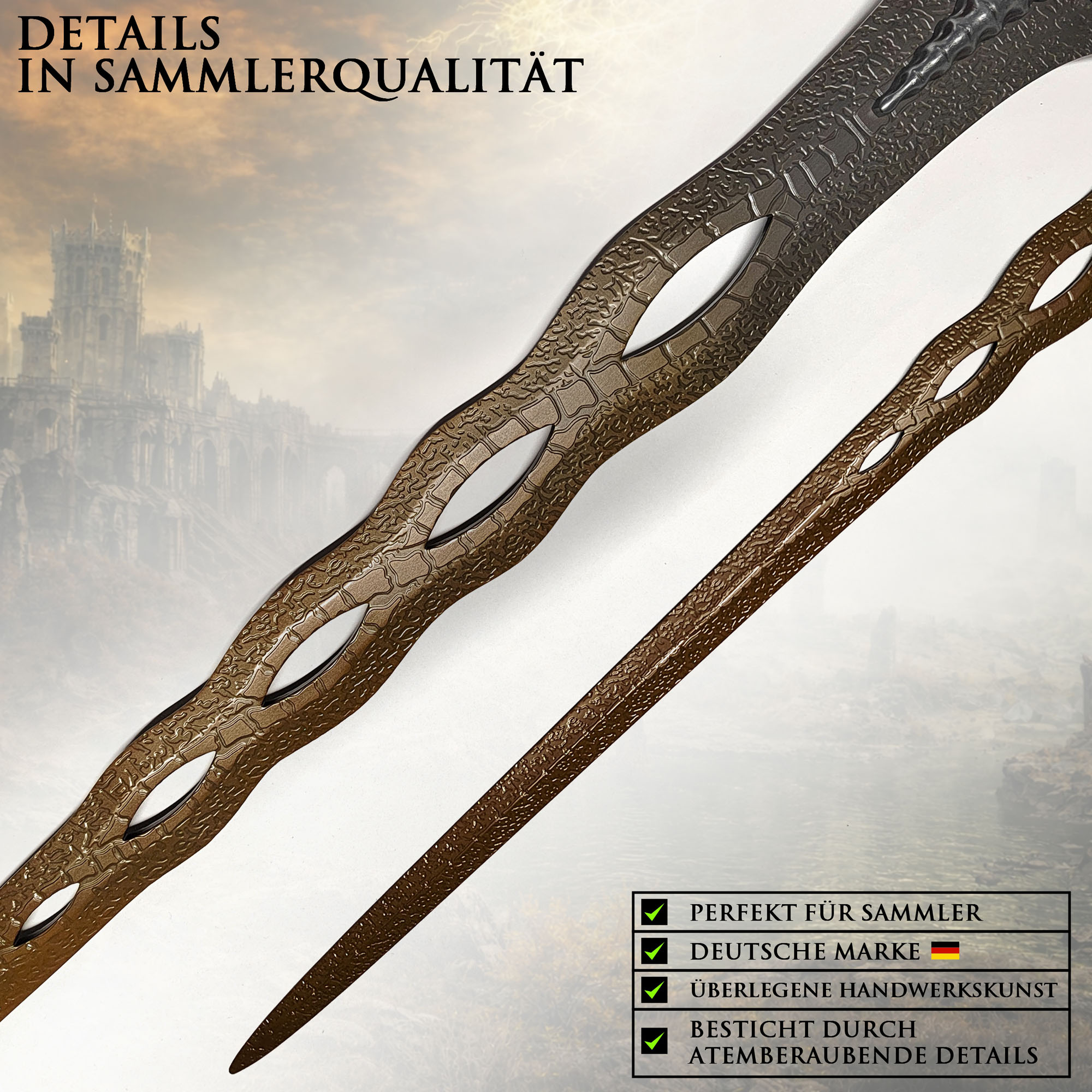 Elden Ring Heiliges Reliquienschwert 115cm mit Wandhalter | Sacred Relic Sword aus Stahl | Eldenbiest Waffe & Welle des Goldes | Massives Metall Sammlerstück (2kg)