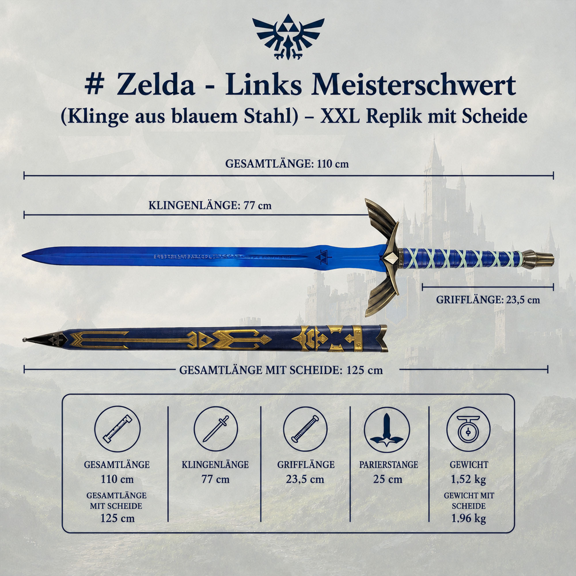 Zelda Master-Schwert Link: XXL Blaue Stahlklinge Replika inkl Scheide 125cm