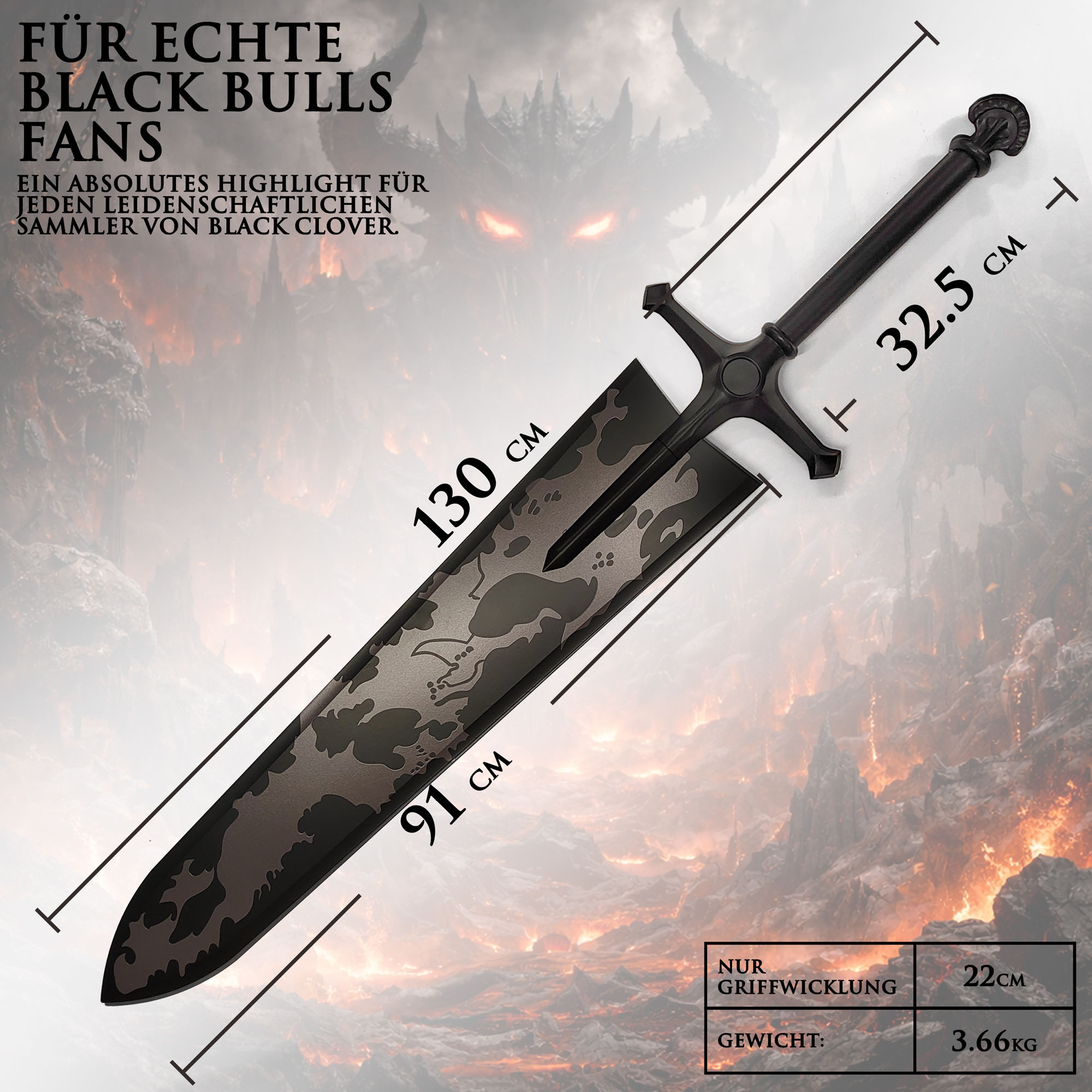 Black Clover Asta Dämonen-Lichtschwert 130 cm Stahl Replik – Demon Dweller Sword Vollmetall Anime Schwert mit Wandhalter – Schweres Cosplay & Sammlerstück aus Stahl