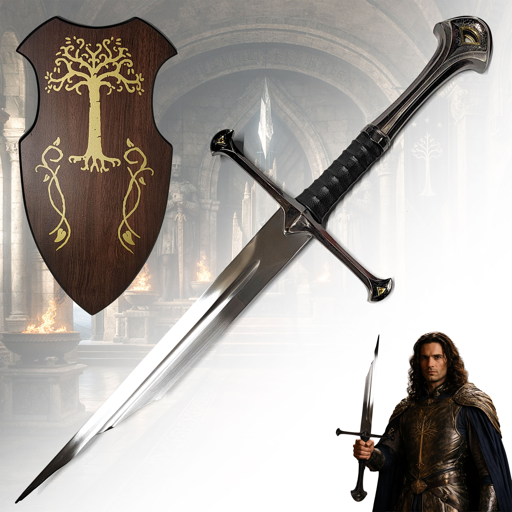 Herr der Ringe Narsil Schwert Replik 76,5 cm – Zerbrochenes Schwert von Isildur und Elendil – Lord of the Rings Sammlerschwert mit Wandhalterung aus Holz