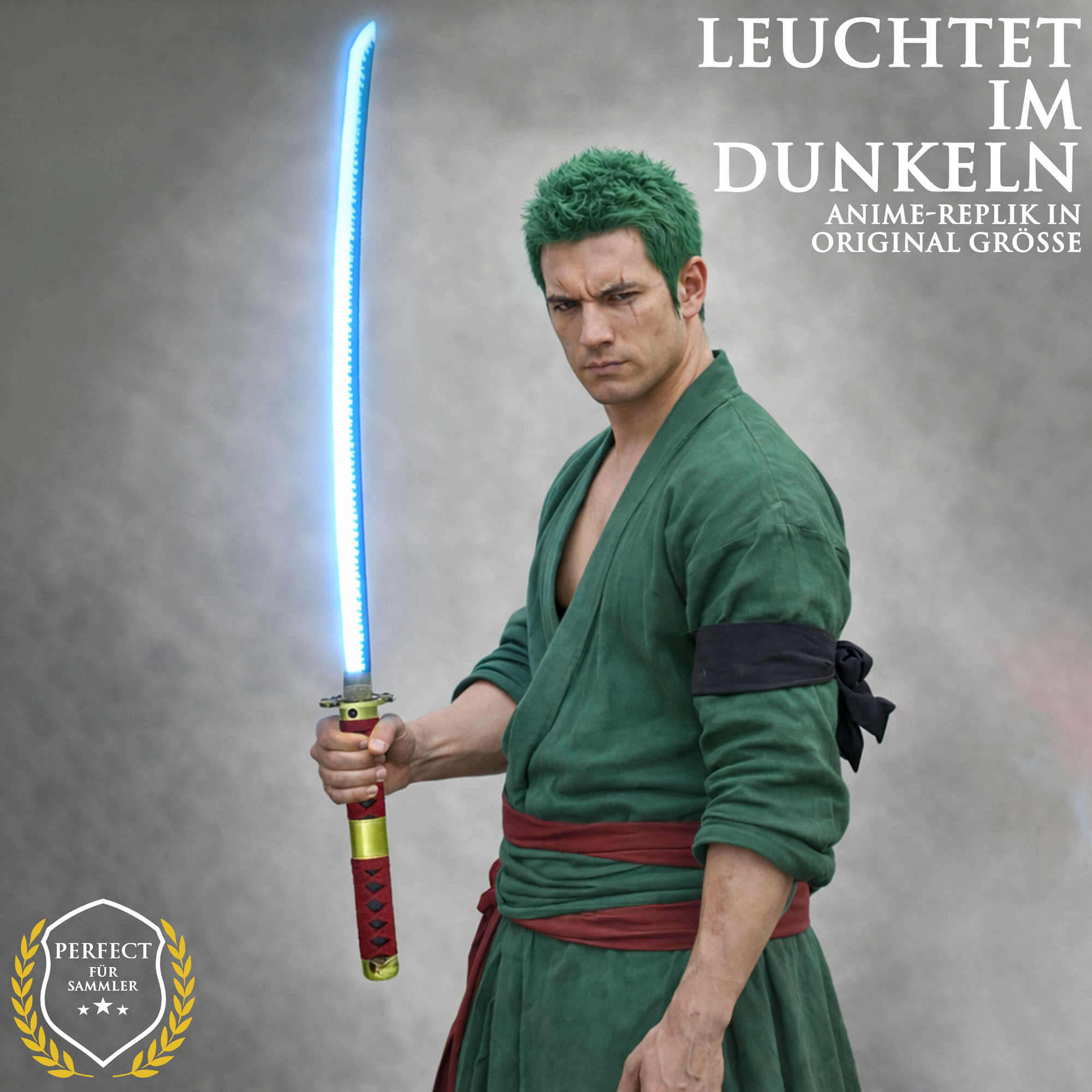 One Piece Sandai Kitetsu Katana 104 cm mit LED Klinge – Roronoa Zoro Schwert Replik mit Scheide & Ständer – 1045 Carbonstahl Anime Cosplay Sammlerstück
