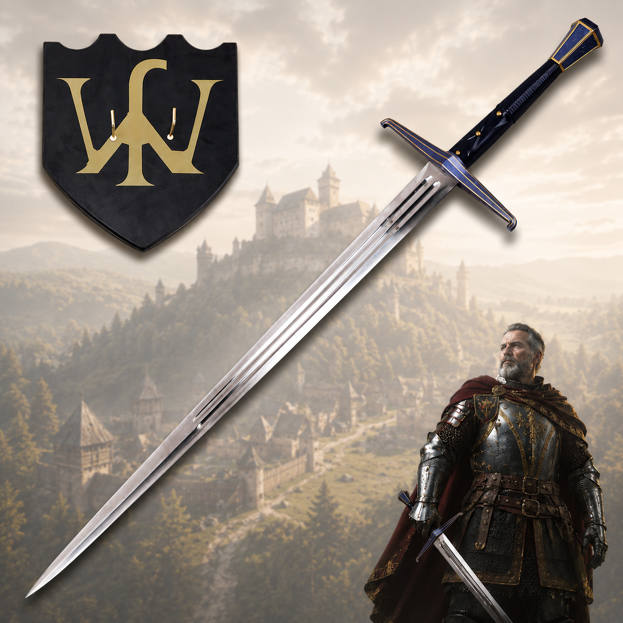 Kingdom Come Deliverance 2 Lingua Belli Langschwert 113,5cm | KCD II Replik aus echtem Stahl mit Vollmetall-Griff | Inkl. Holz-Wandhalterung | Mittelalter Bastardschwert Cosplay & Deko-Waffe