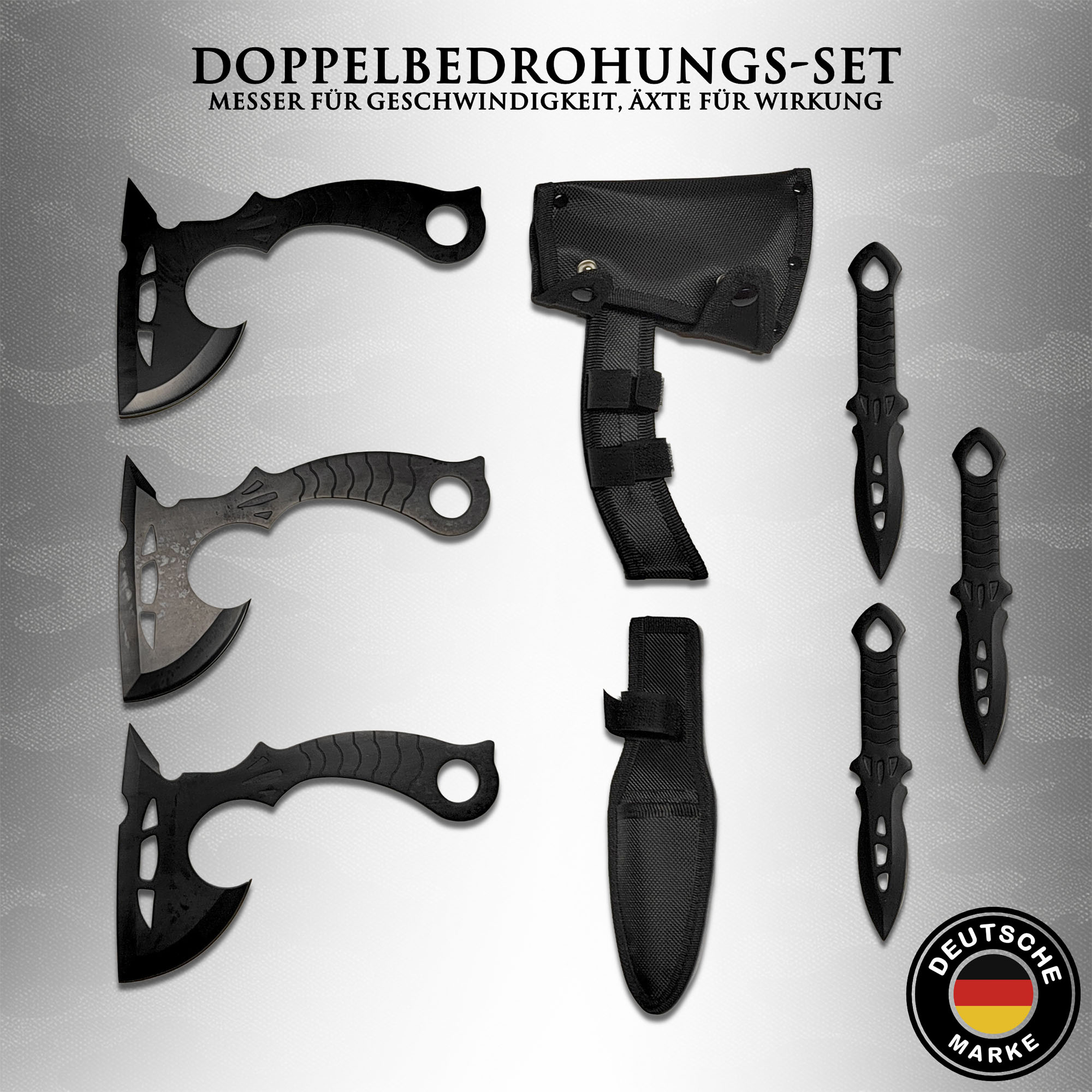 Wurfmesser & Wurfäxte Set 6-teilig – 3 Messer + 3 Äxte mit Nylon Tasche – 3Cr13 Stahl Throwing Set für Zielwerfen, Training & Outdoor