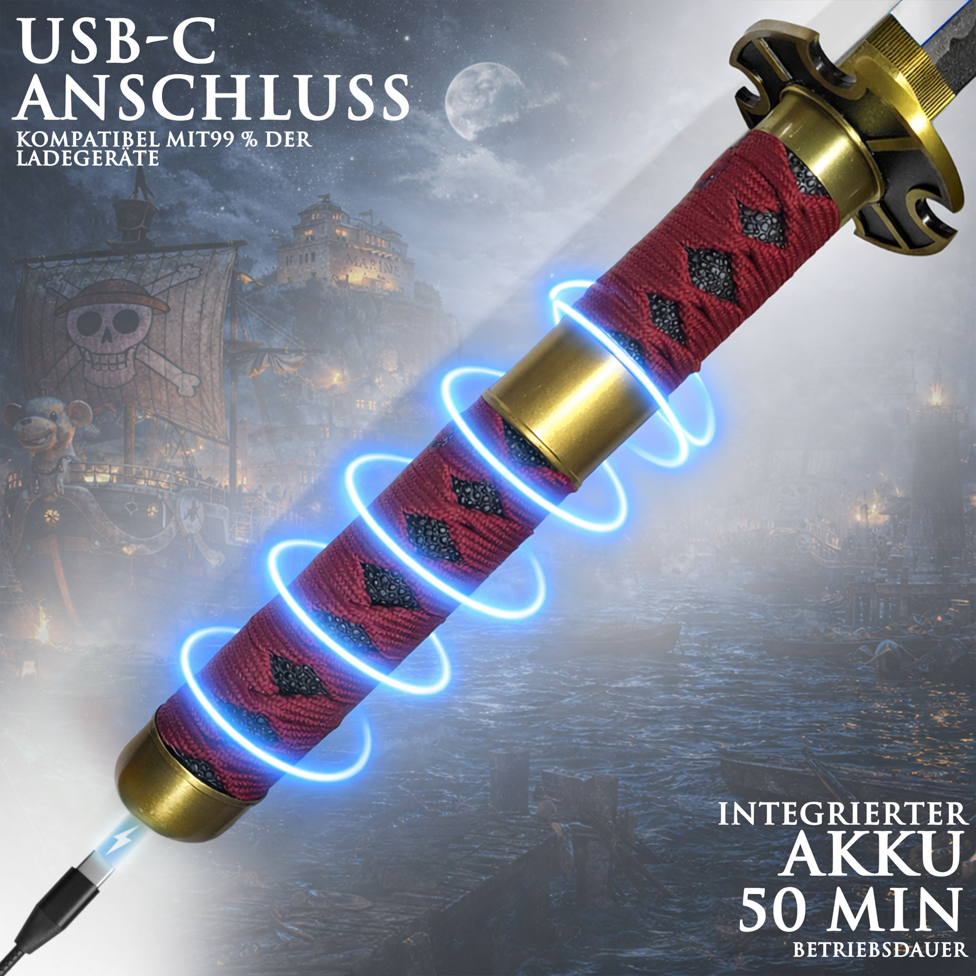 One Piece Sandai Kitetsu Katana 104 cm mit LED Klinge – Roronoa Zoro Schwert Replik mit Scheide & Ständer – 1045 Carbonstahl Anime Cosplay Sammlerstück