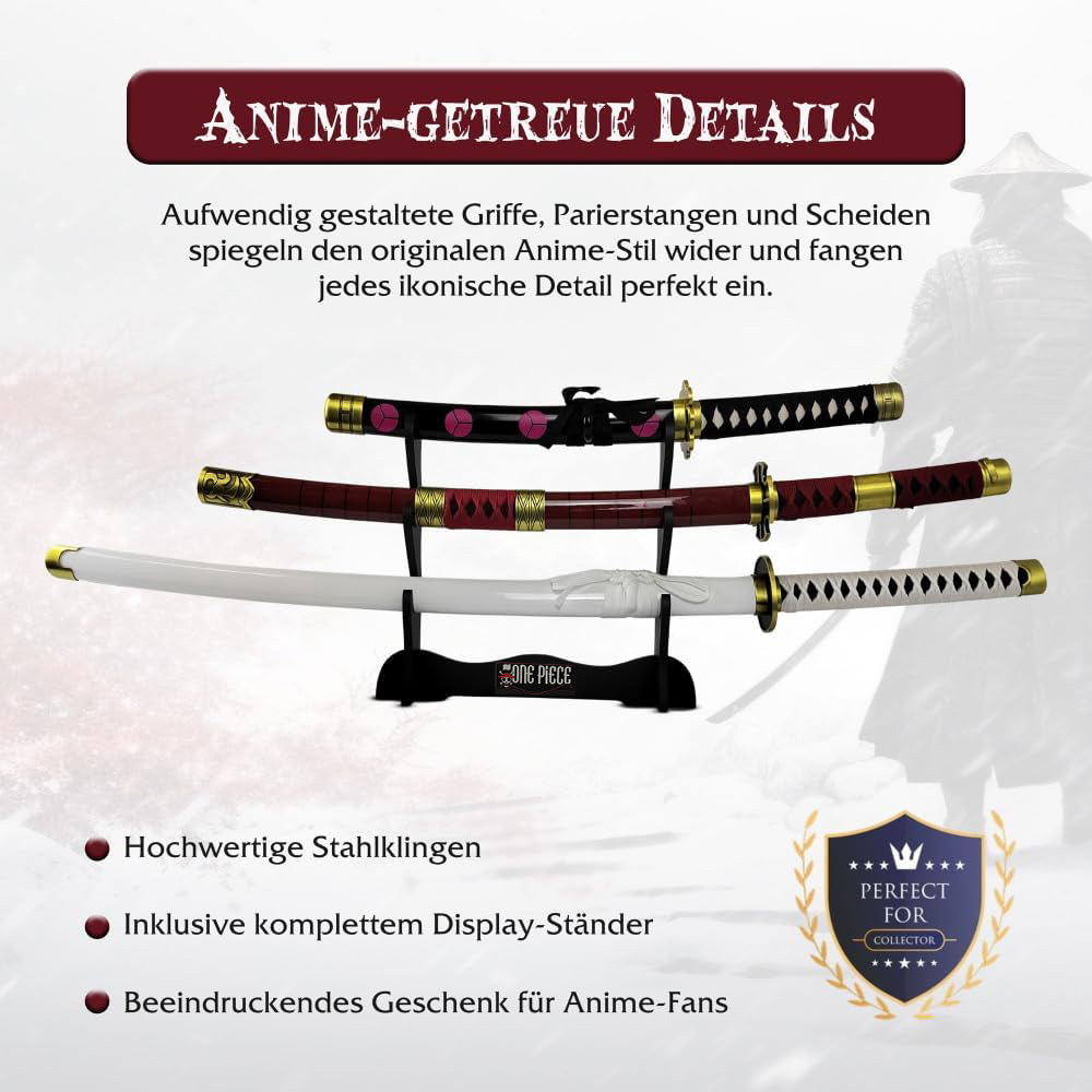 One Piece Roronoa Zoro Schwert-Set 3-teilig: Wado Ichimonji, Sandai Kitetsu & Shuusui | Stahlklingen Katana, Wakizashi & Tanto mit Ständer | Anime Deko Sammlerstück