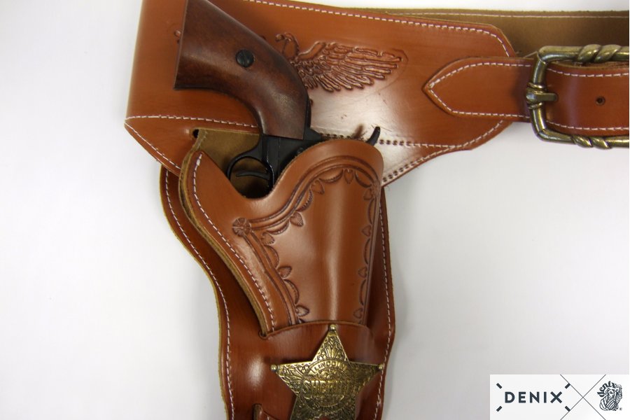 Coltgürtel aus Leder, für 1 Colt, mit 24 Kugeln, mit Sheriffstern
