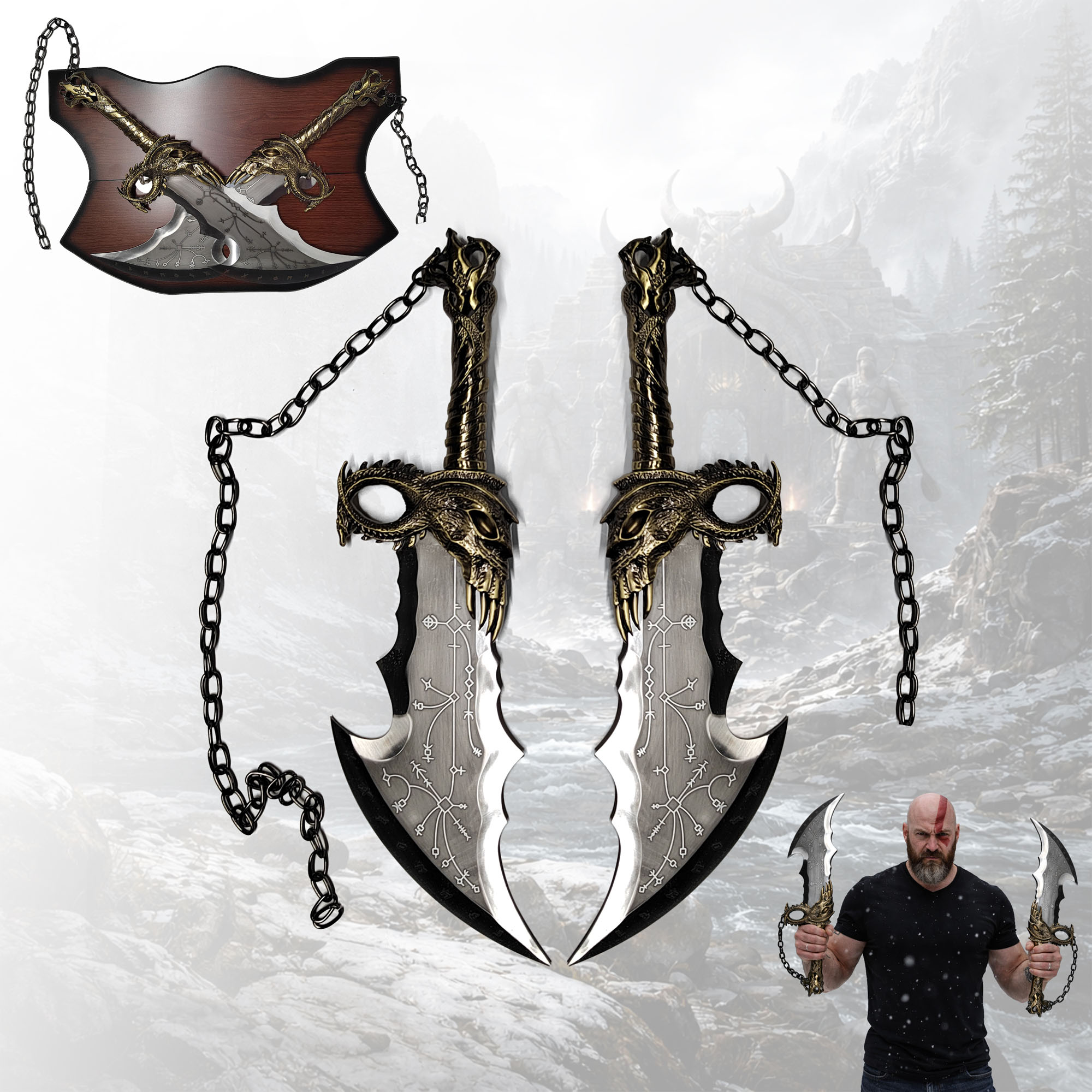 God of War Chaosklingen 2er Set 54cm | Massive Vollmetall Replik (2,6kg) mit Wandhalterung | Kratos Blades of Chaos aus Stahl | Gaming Deko Waffen