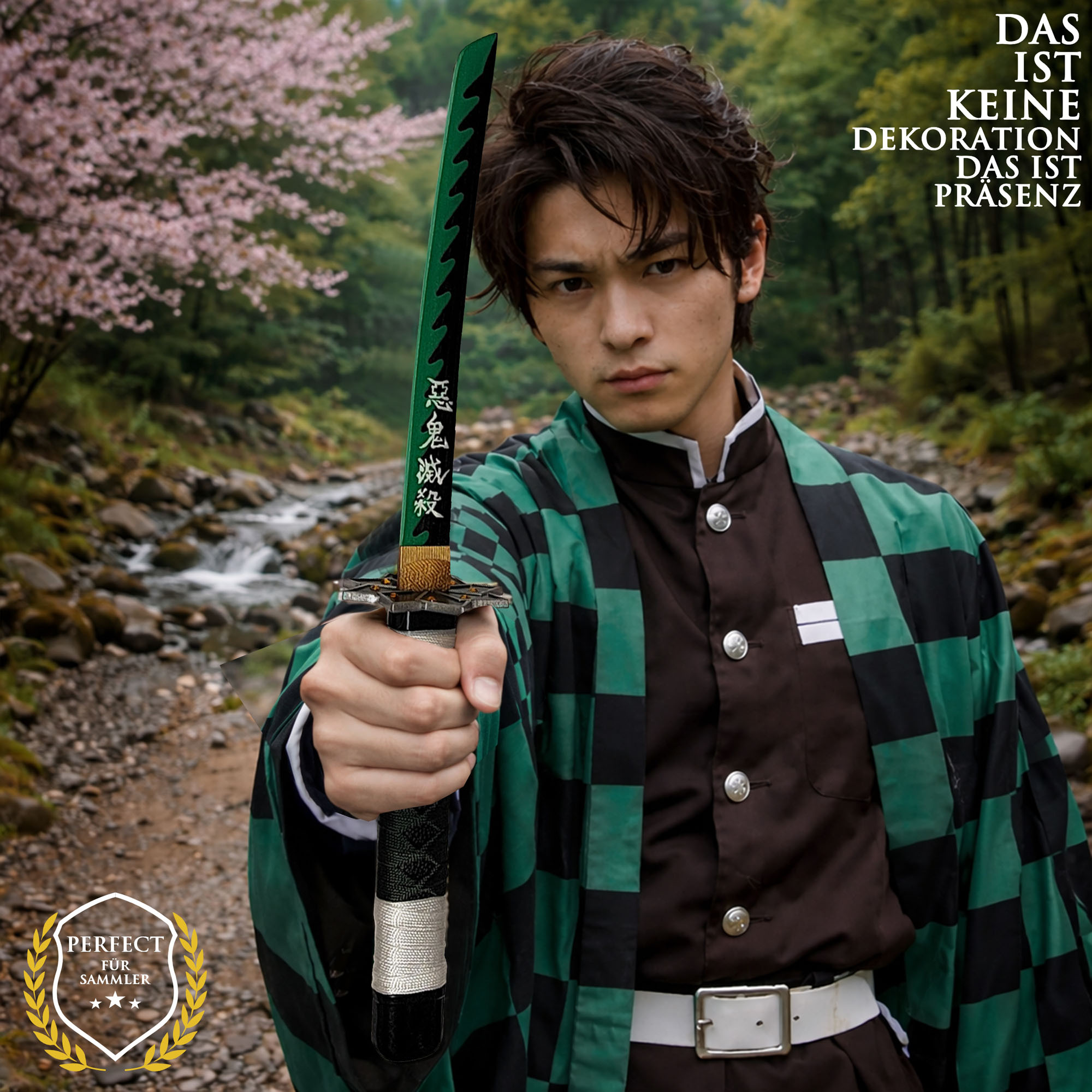 Demon Slayer Schwerter Set 3-teilig mit Ständer – Katana Wakizashi Tanto Replik Set – Anime Schwerter aus Stahl mit Holzständer Cosplay & Sammlerstück