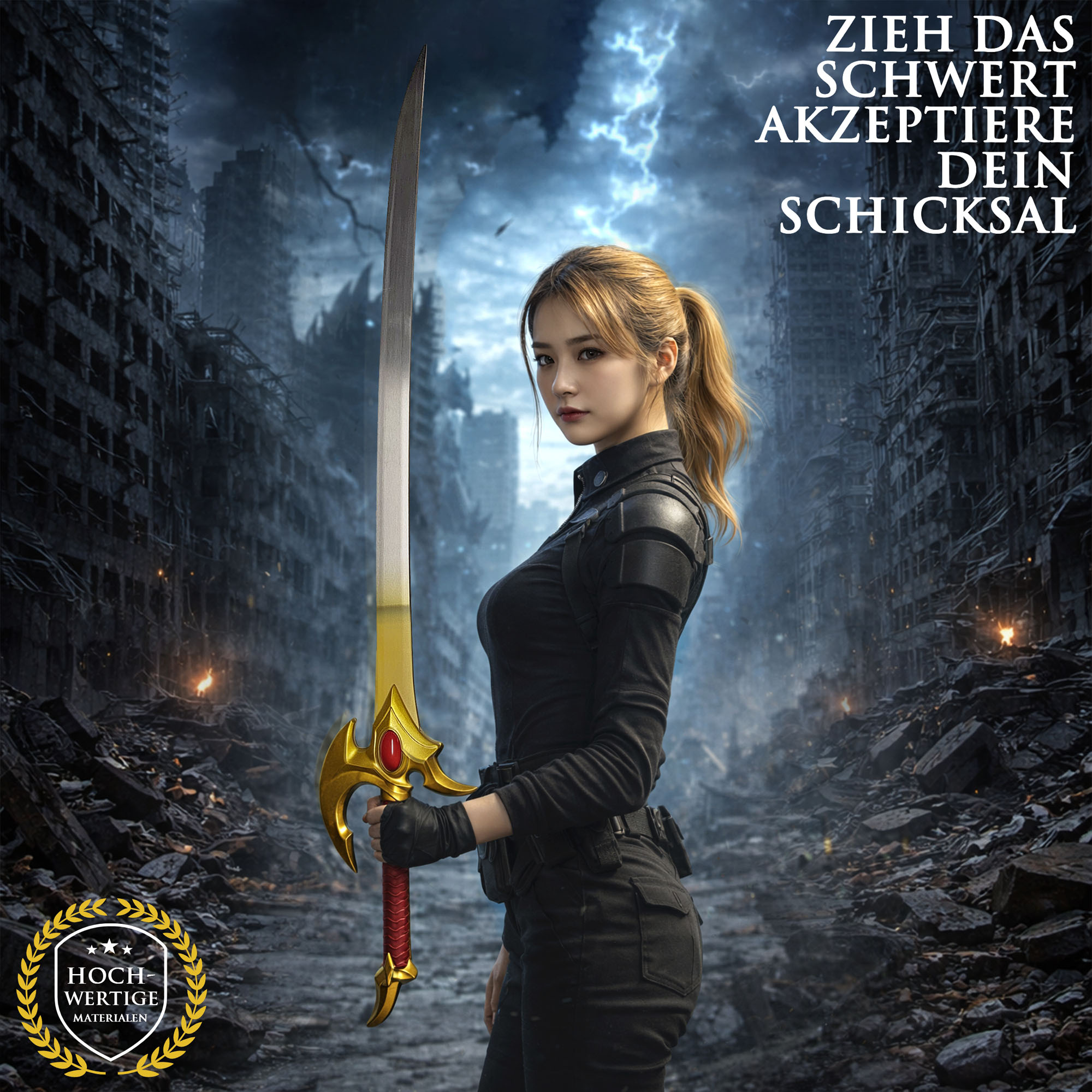 Solo Leveling Cha Hae-In Schwert Gold Edition 117,5 cm – Anime Katana Replik mit Scheide – Edelstahl Klinge Goldfinish Cosplay Deko Sammlerstück