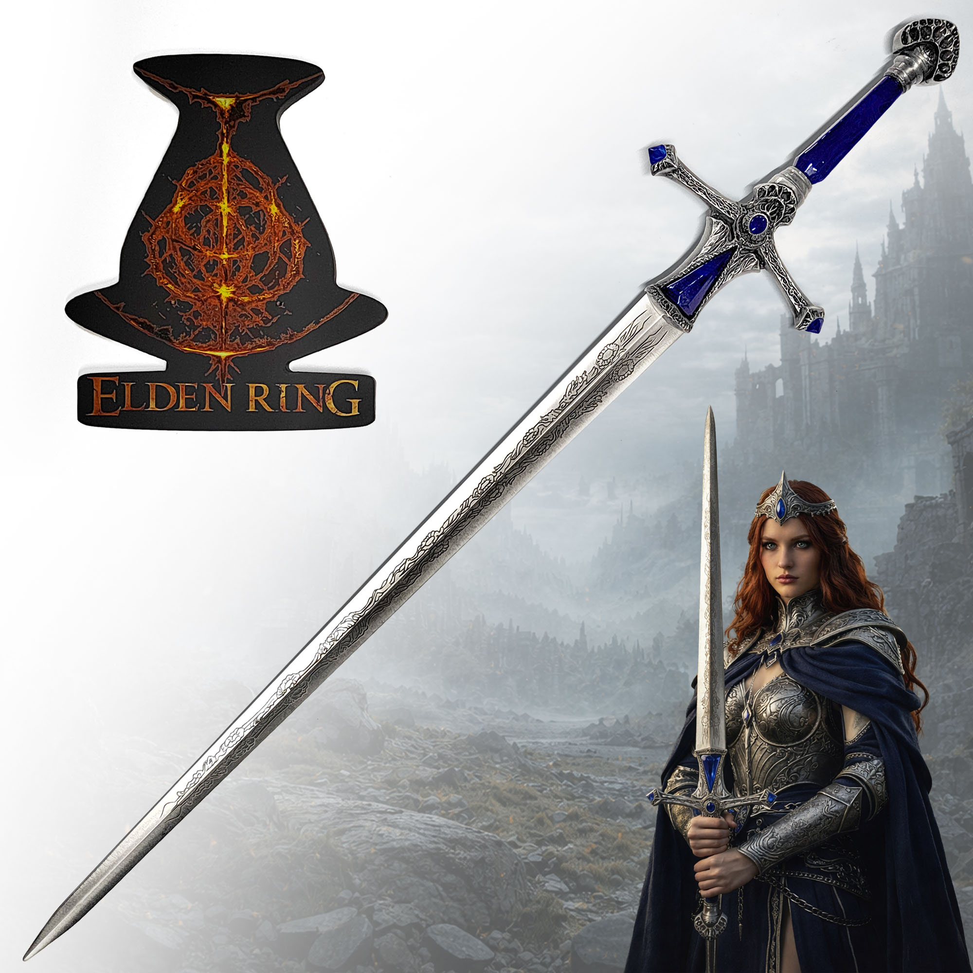 Elden Ring Rellana Zwillingsschwert 107,5cm mit Wandhalter | Shadow of the Erdtree Replik Stahl & Alu-Griff | Zwillingsmond-Ritterin Waffe & Gaming Deko