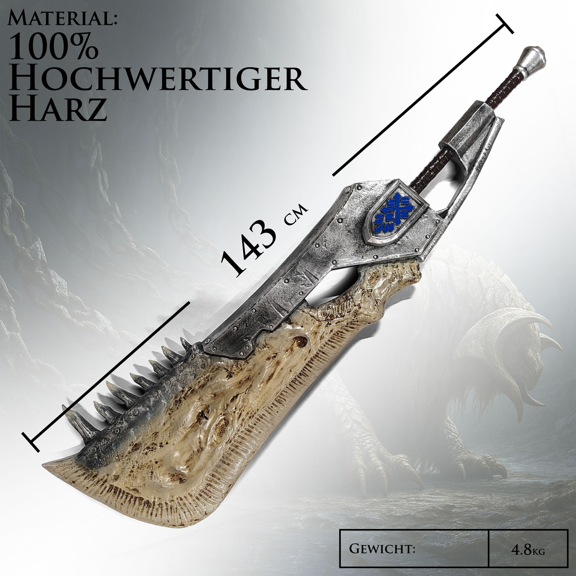 Monster Hunter – Giant Jawblade Replik aus Resin, monumentales Sammlerschwert inspiriert vom Spiel Monster Hunter World, ideal für Cosplay, Gaming-Deko & Fantasy-Waffensammler