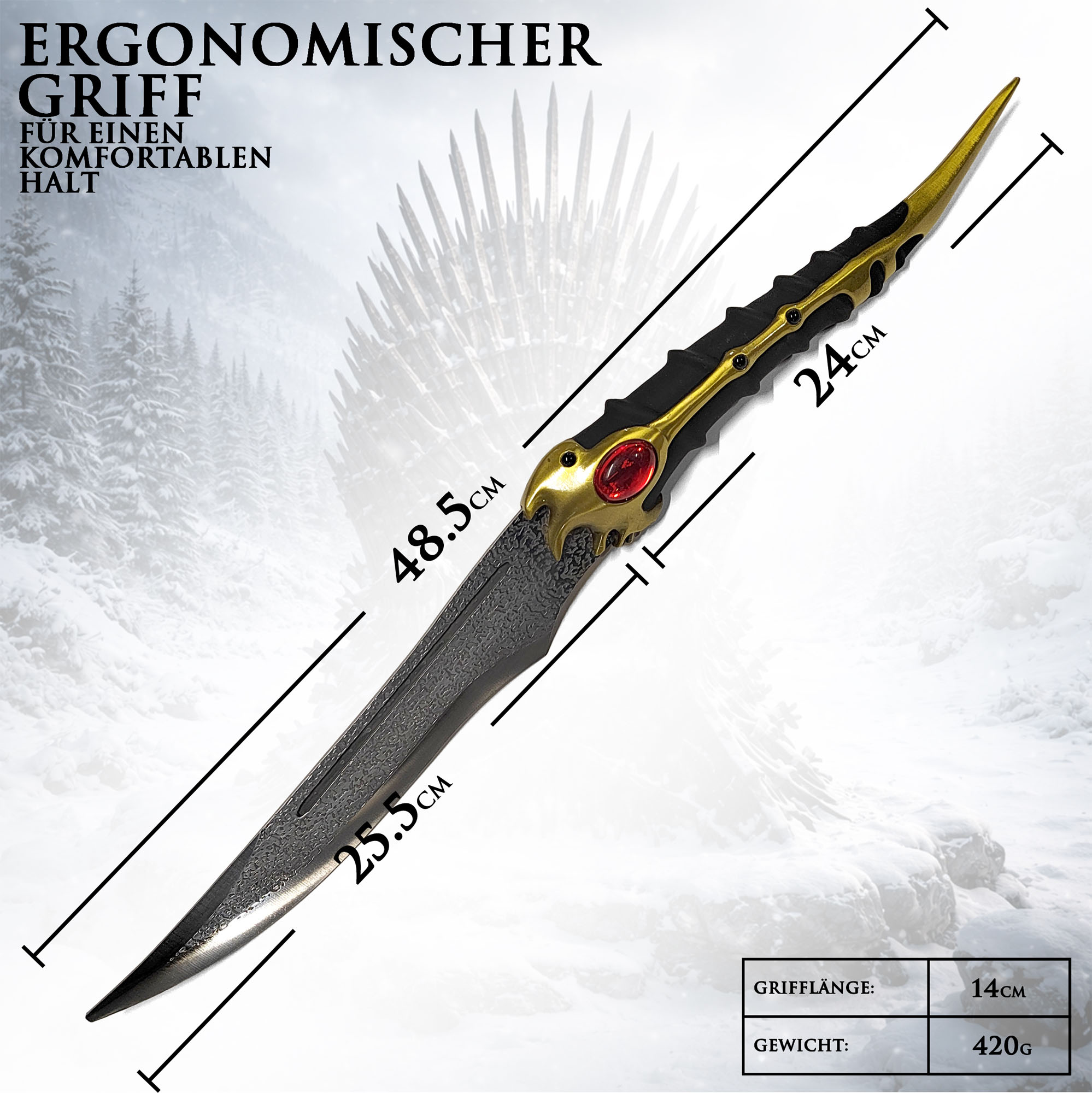 Game of Thrones Arya Stark Dolch Replik 48,5 cm – Legendärer Valyrian Steel Dagger mit Wandhalter – GoT Sammlerstück Fantasy Dolch mit Stahlklinge