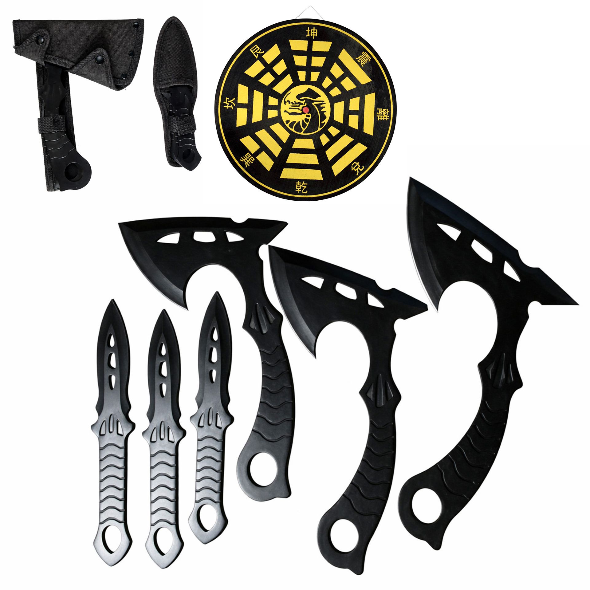 Wurfmesser & Wurfäxte Set 7-teilig mit Zielscheibe – 3 Messer + 3 Äxte + Wurfscheibe 38 cm – 3Cr13 Stahl Throwing Set mit Nylon Tasche