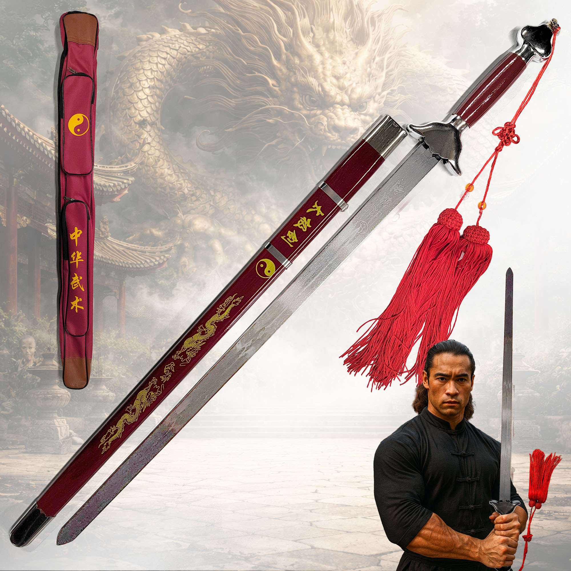 Tai Chi Schwert Jian mit fester Klinge 71cm | Leichtes Übungsschwert aus Stahl mit Holzscheide & Tasche | Chinesisches Schwert für Training, Formen & Meditation